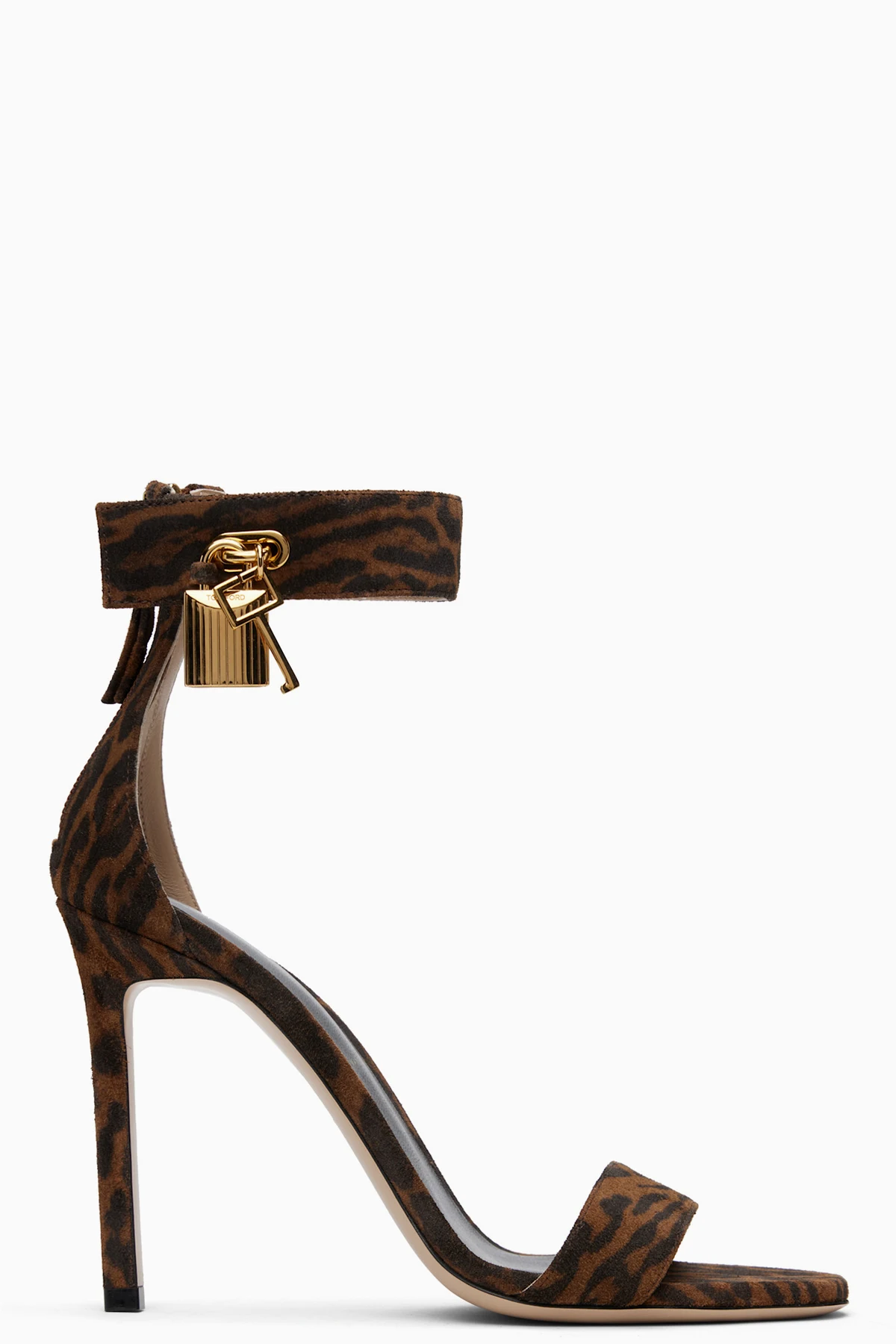 Brown Ocelot-Print Suede Padlock Heeled Sandals