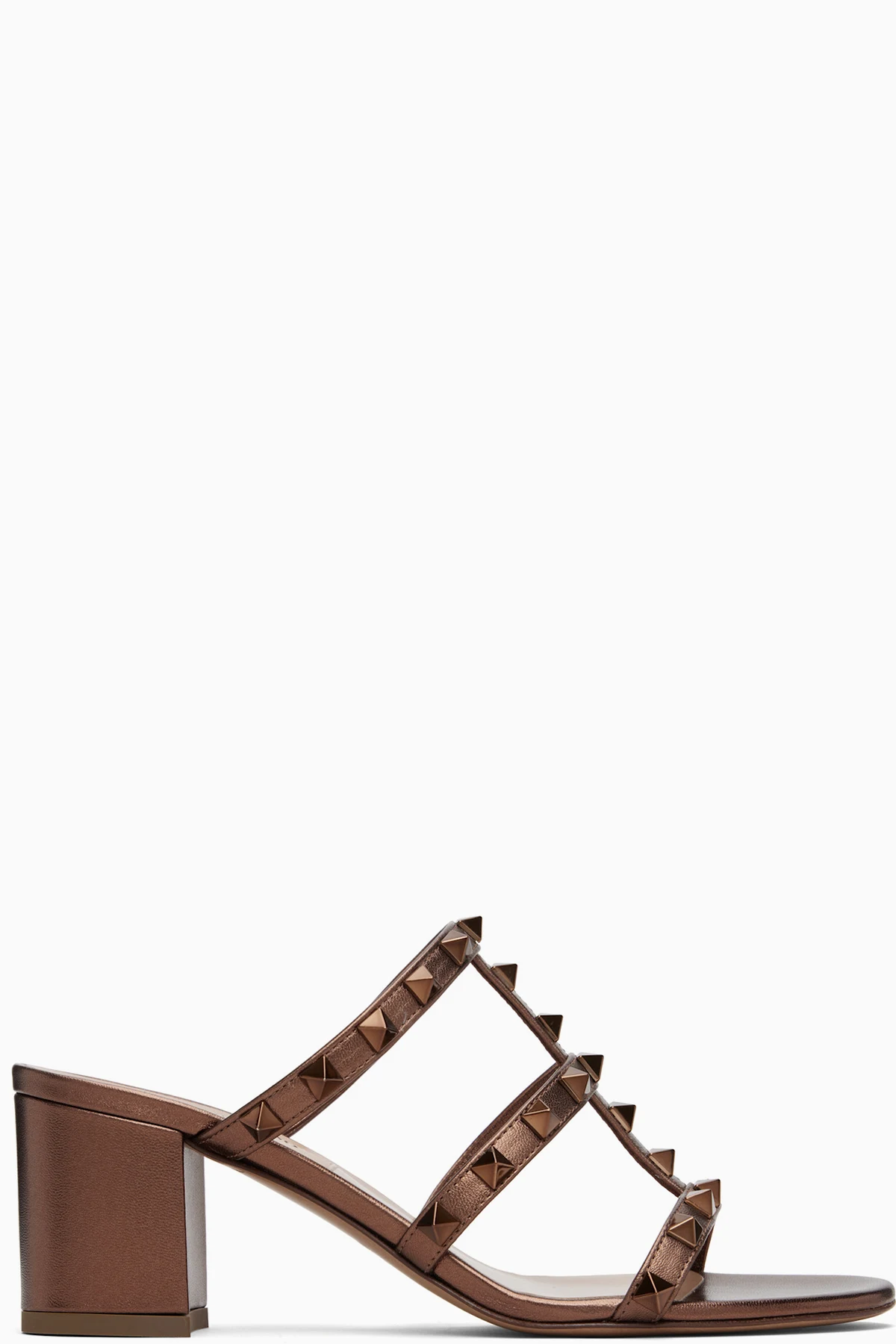 Brown Rockstud Metallic Calfskin Leather Slide Sandals