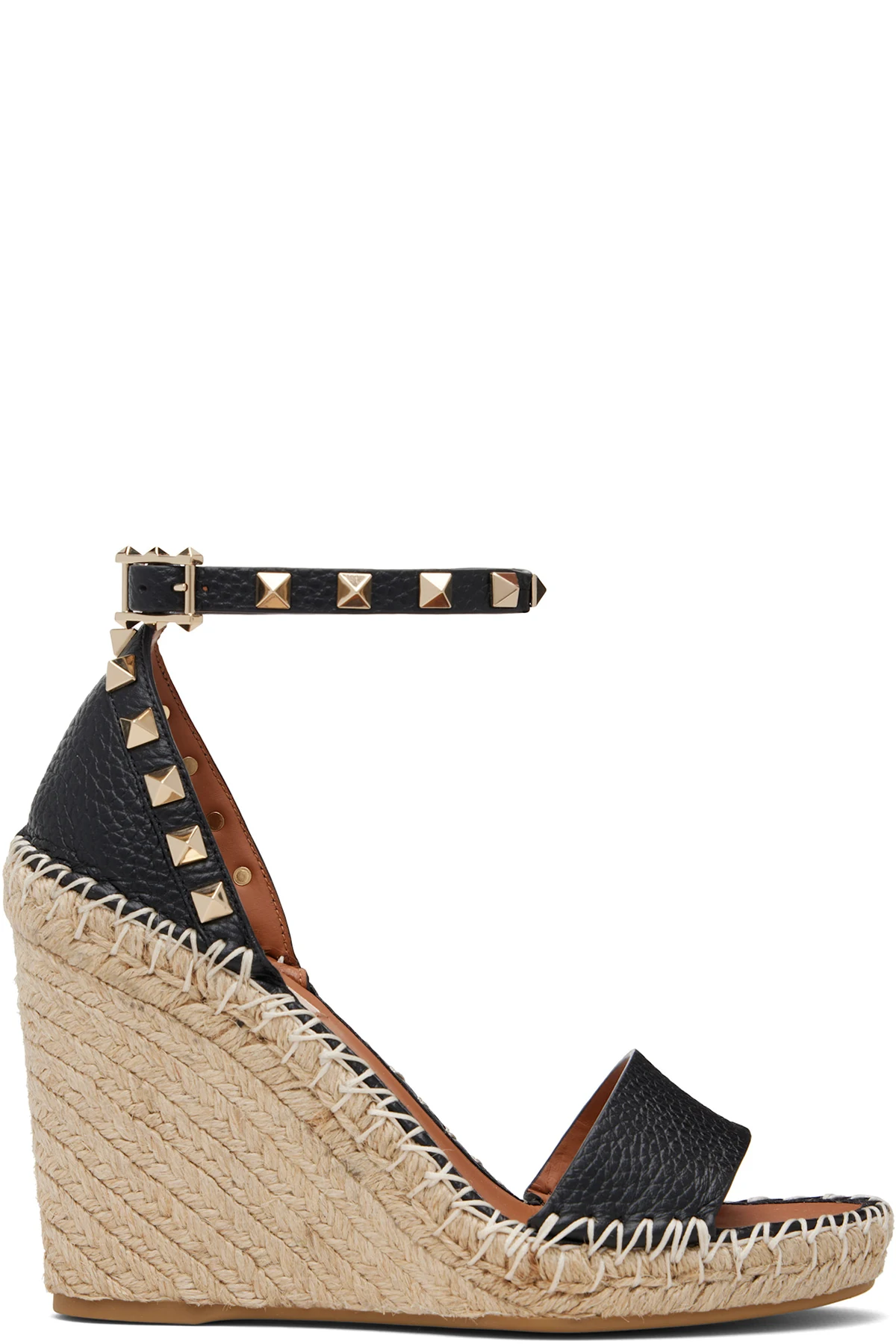 Black Double Rockstud Grainy Calfskin Wedge Sandals