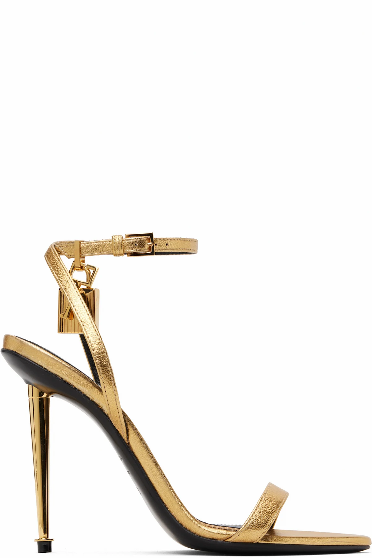 Gold Laminated Padlock Pointy Naked Heeled Sandals
