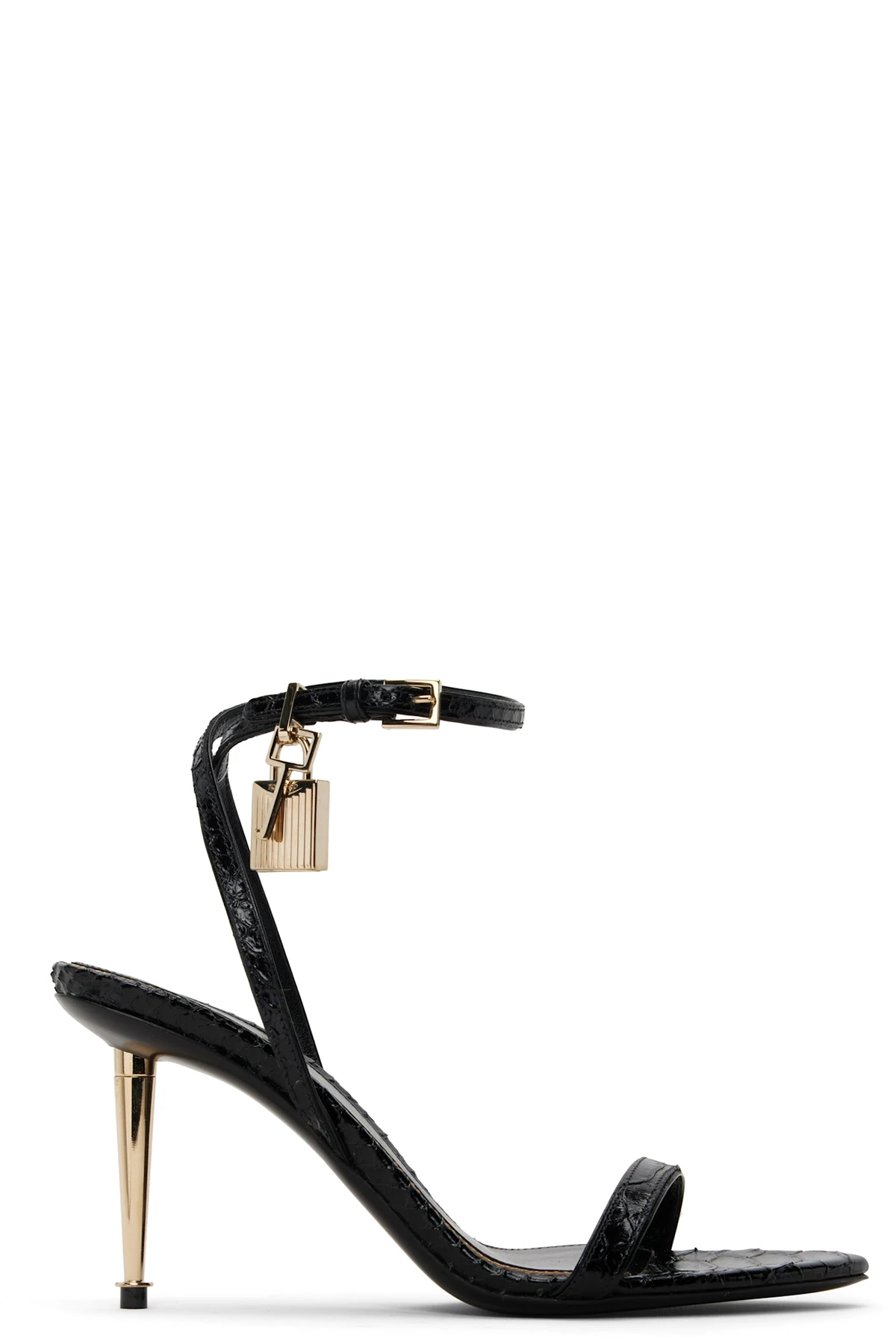 Black Python Pointy Padlock Naked Heeled Sandals