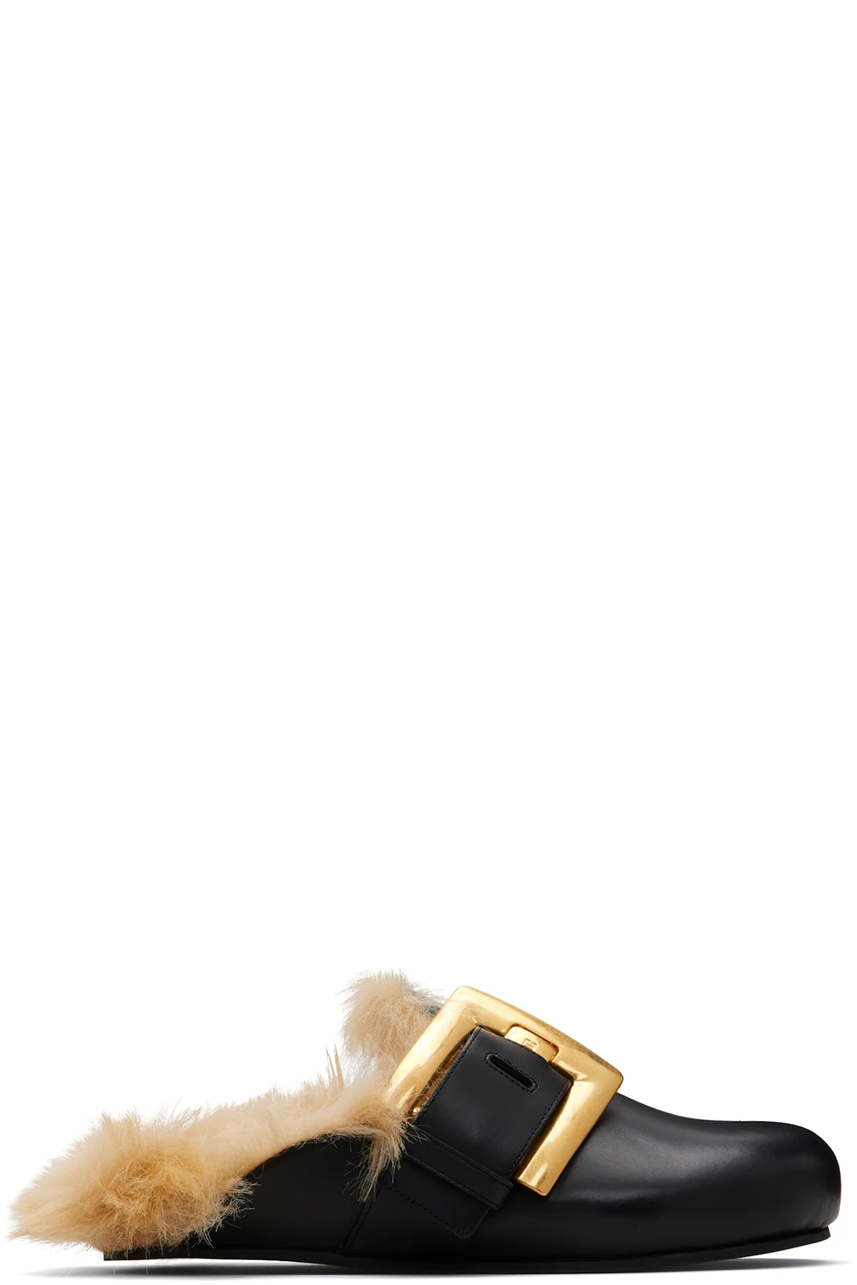 Black Flat Leather & Faux Fur Mule Loafers