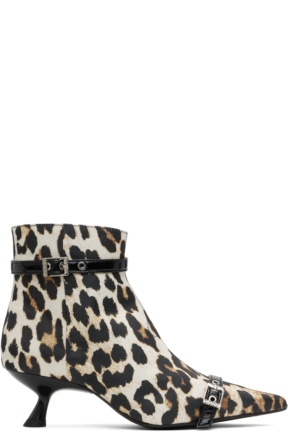 Beige & Black Satin Eyelets Kitten Heel Boots