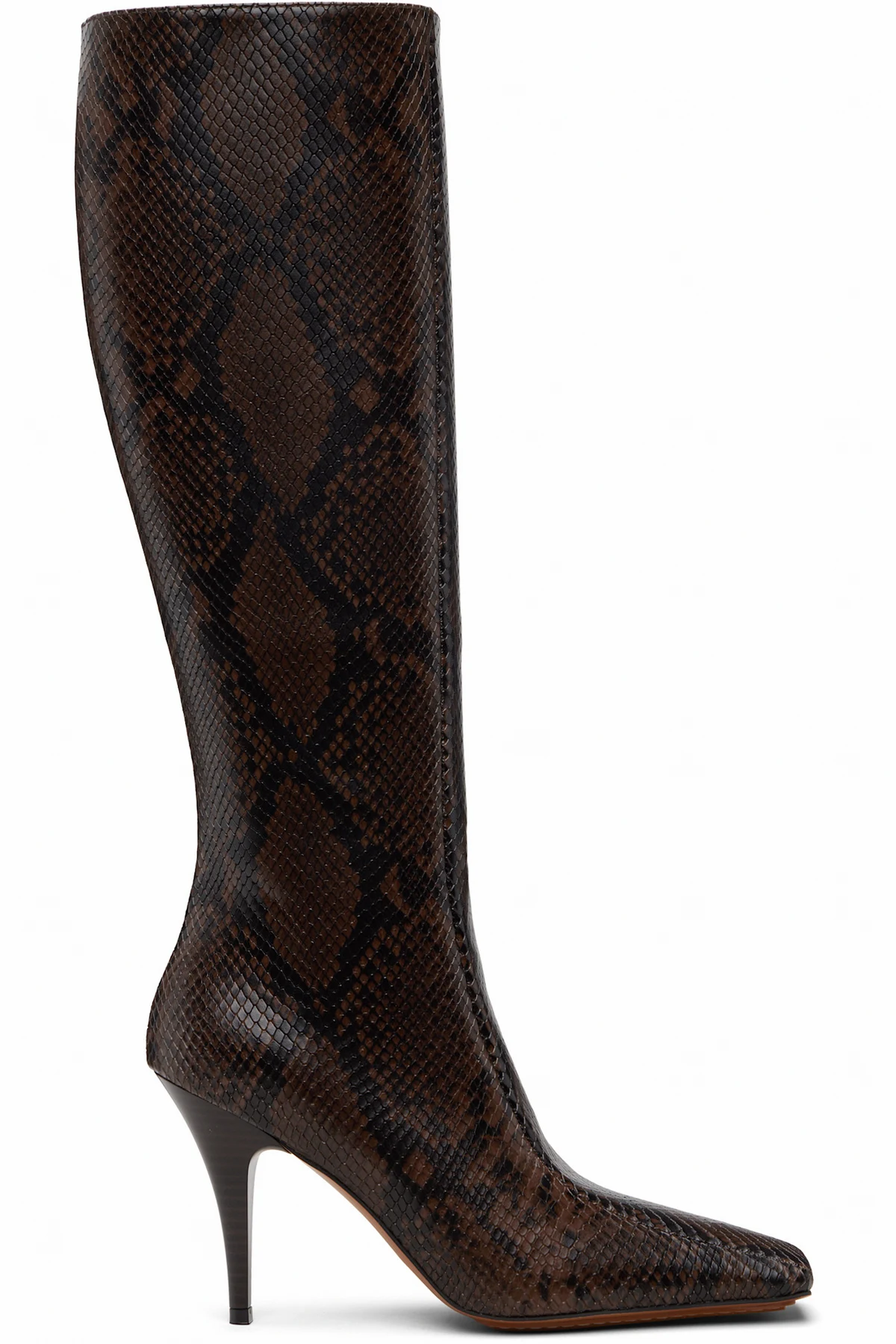 Brown Square-Toe Snake Knee-High Stiletto Boots
