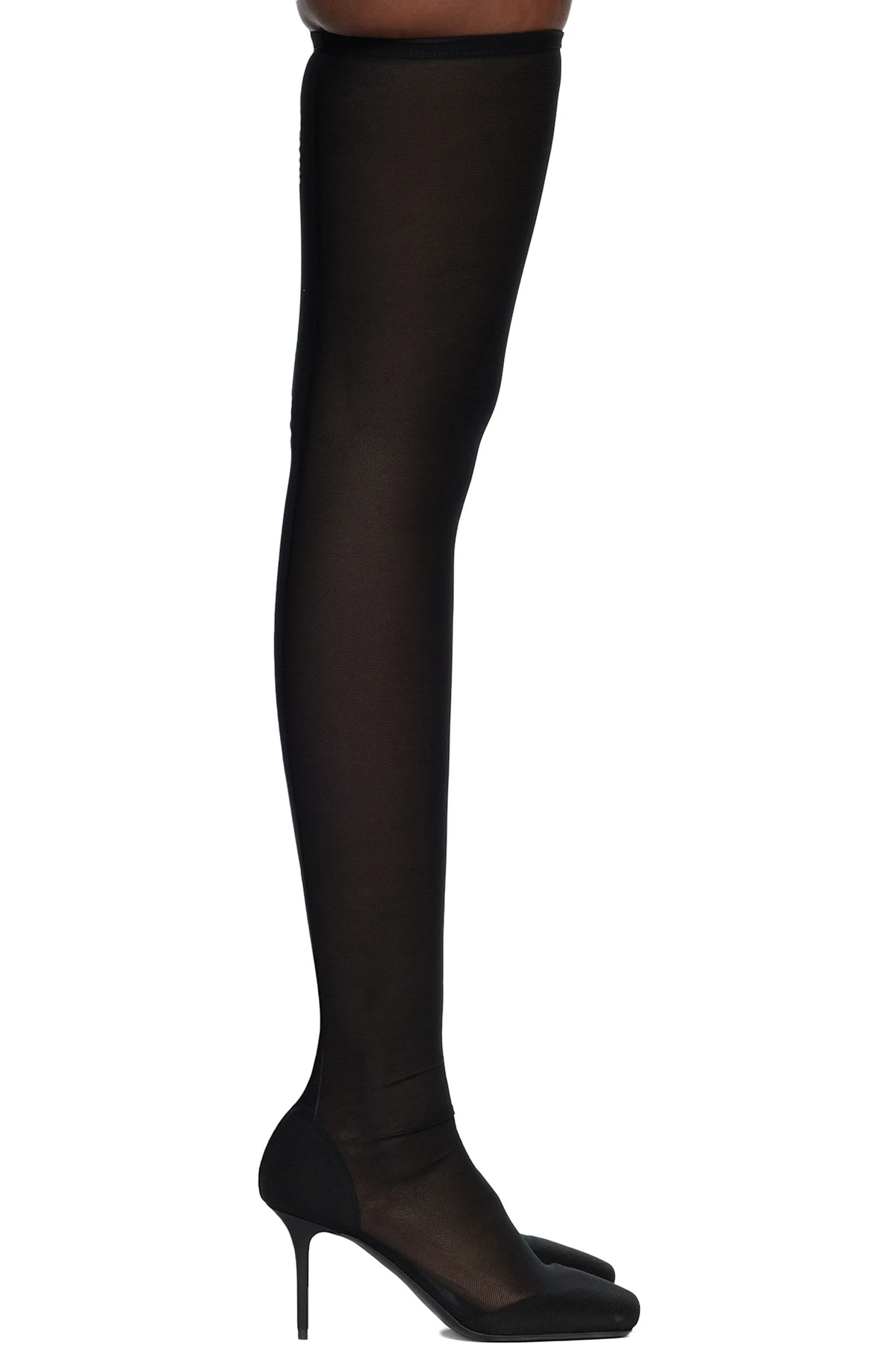 Black Square Toe Mesh Thigh Boots