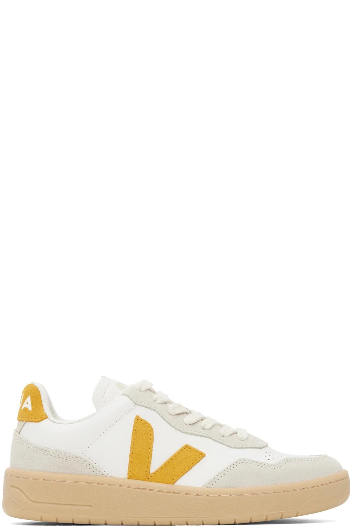 White & Yellow V-90 Leather Sneakers