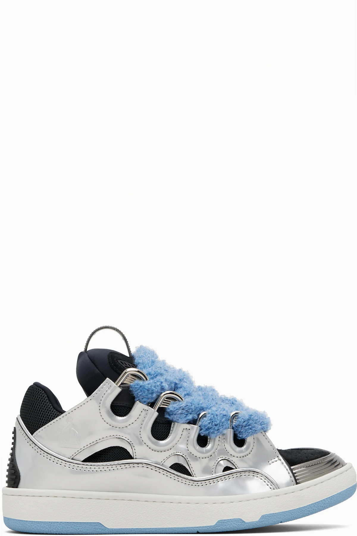 Silver & Blue Curb Metallic Leather With Mesh Laces Sneakers