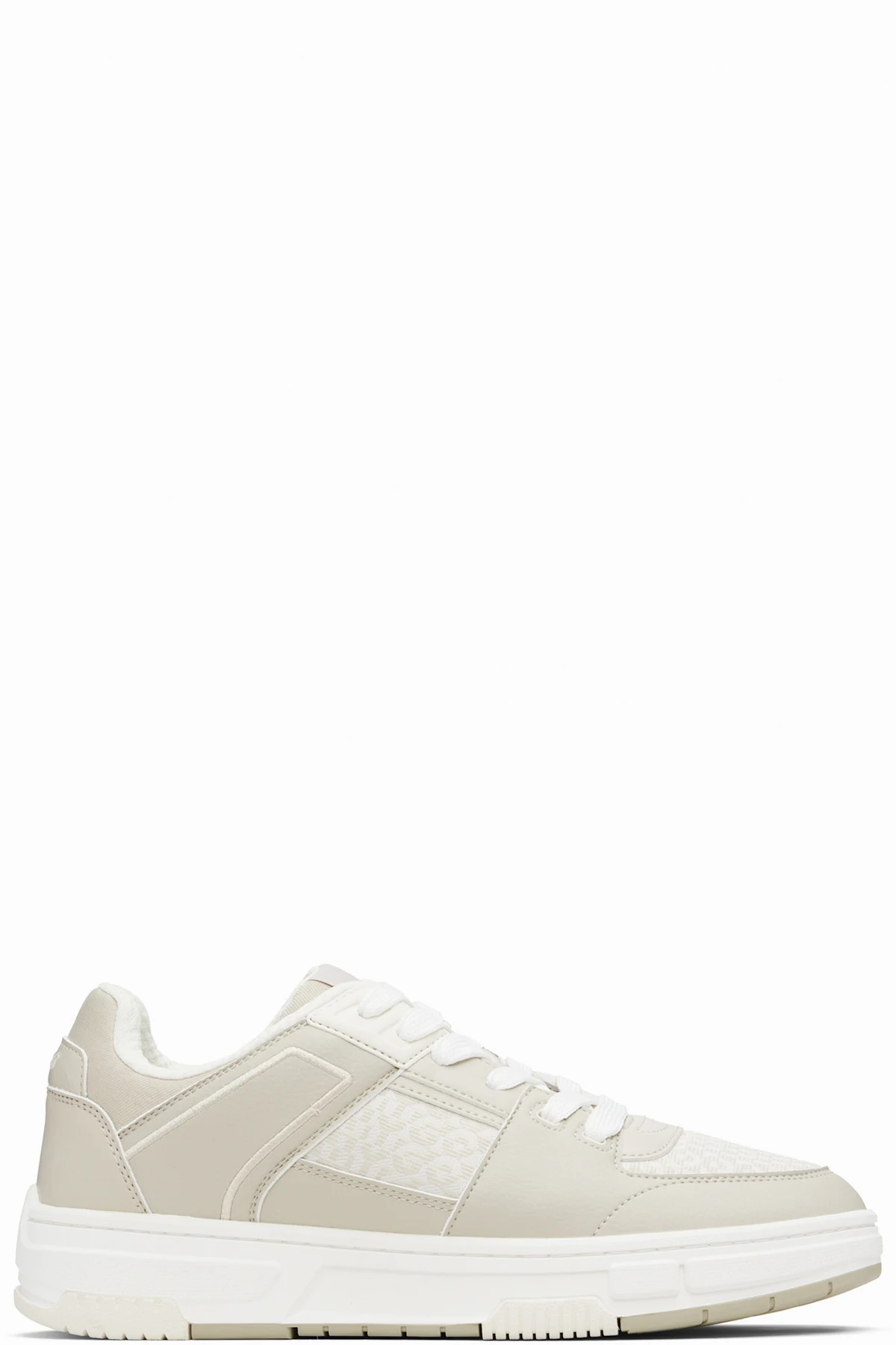 Beige Faux-Leather & Logo-Woven Sneakers