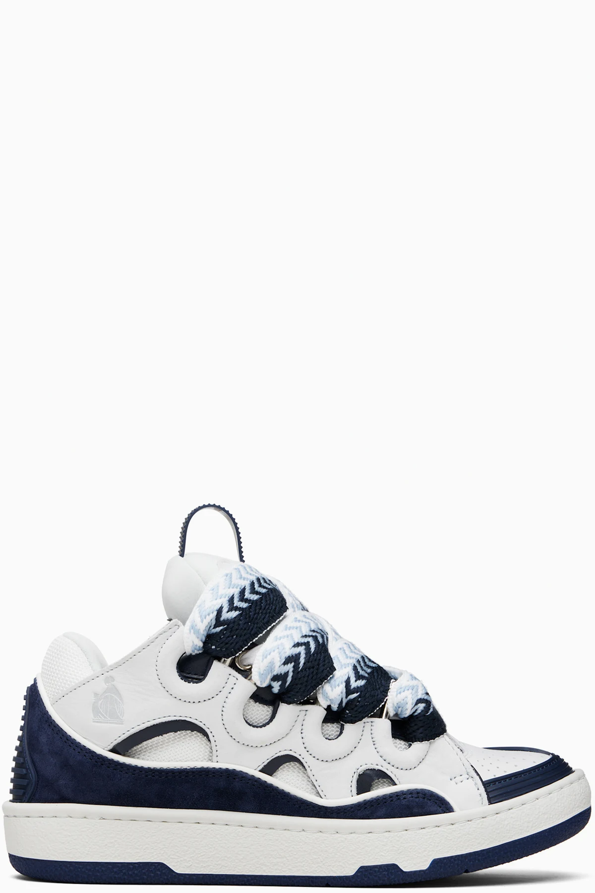 White & Navy Curb Leather Sneakers