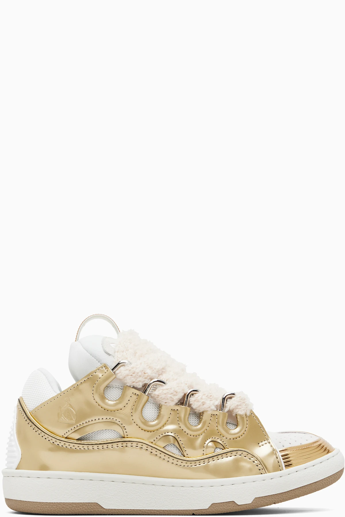 Gold & White Curb Metallic Leather With Mesh Laces Sneakers