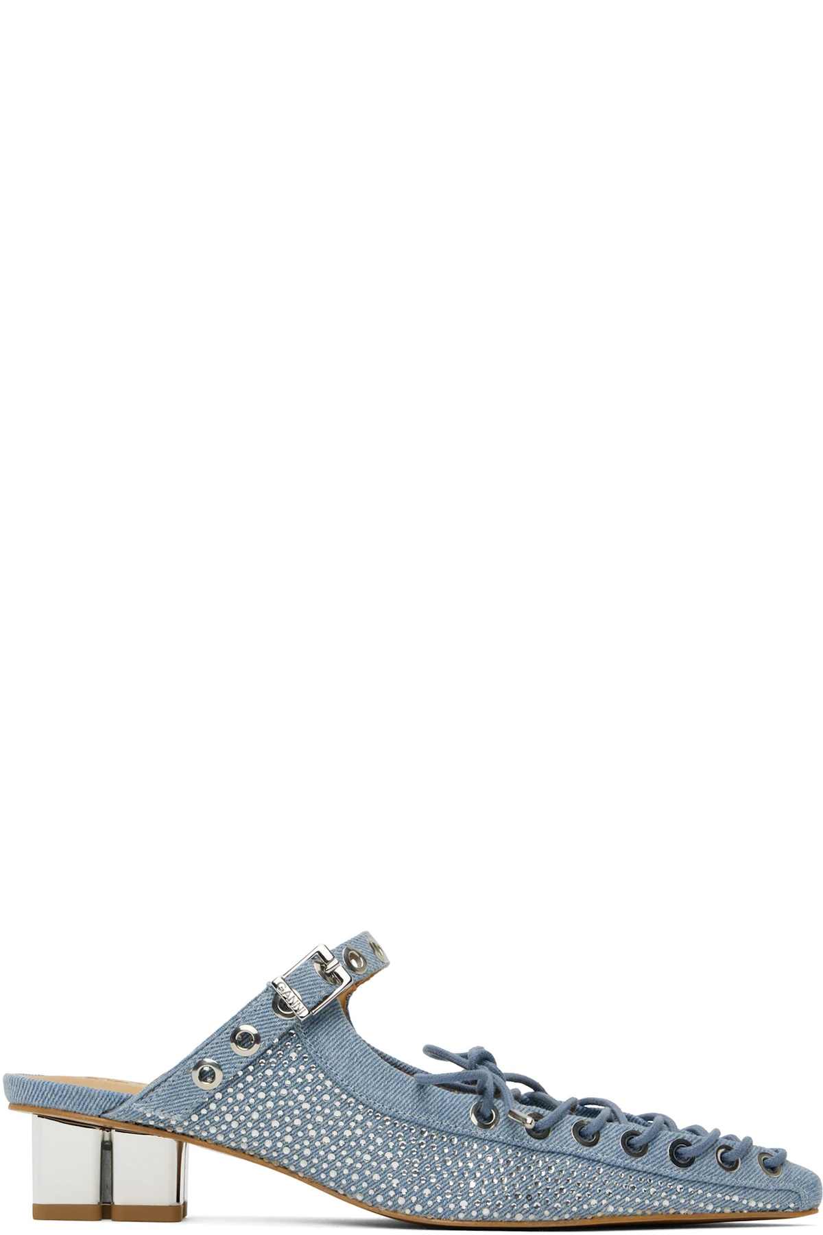 Blue Lace-Up Denim Mules