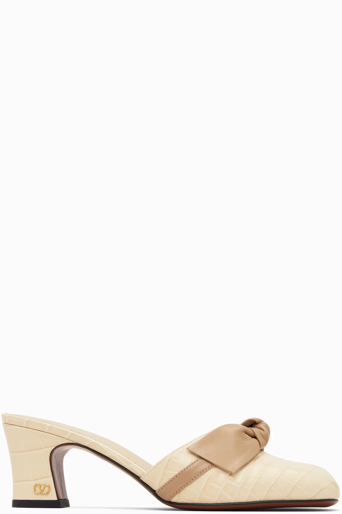 Beige Croc Embossed Leather Bow Mule Sandals