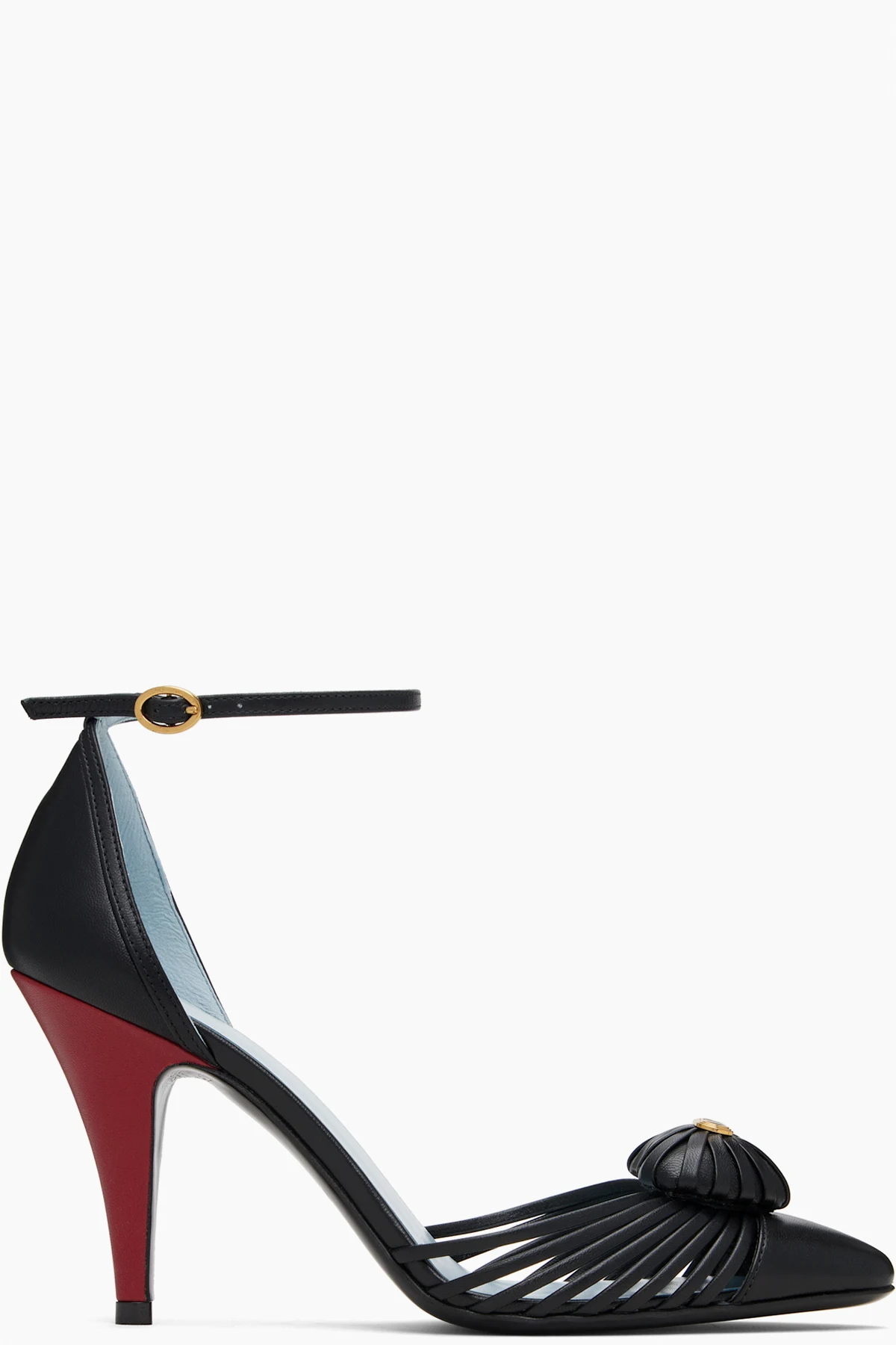 Black Ankle Strap Leather Woven Heart Heels