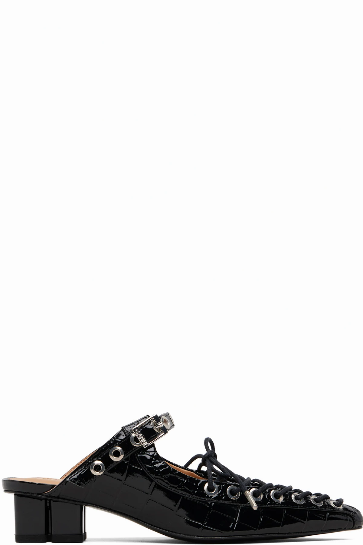 Black Eyelets Lace-Up Mule Heels