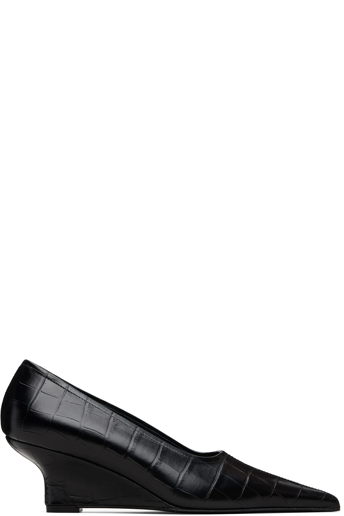 Black Sharp Croco-Embossed Wedge Heels