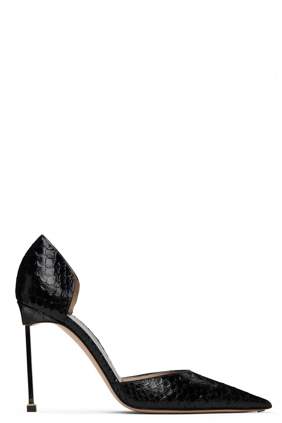Black Semi Shiny Printed Python Spire D'Orsay Heels