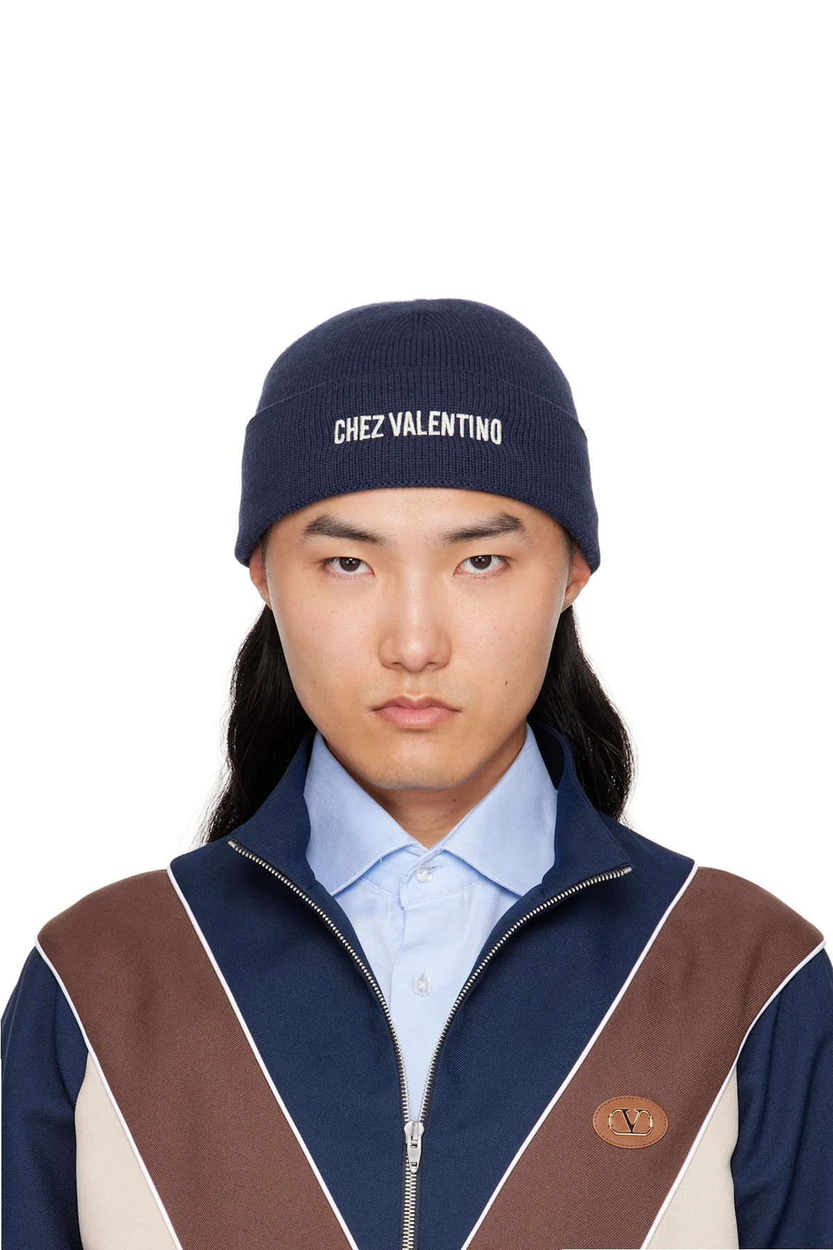 Navy 'Chez Valentino' Knitted Wool Beanie