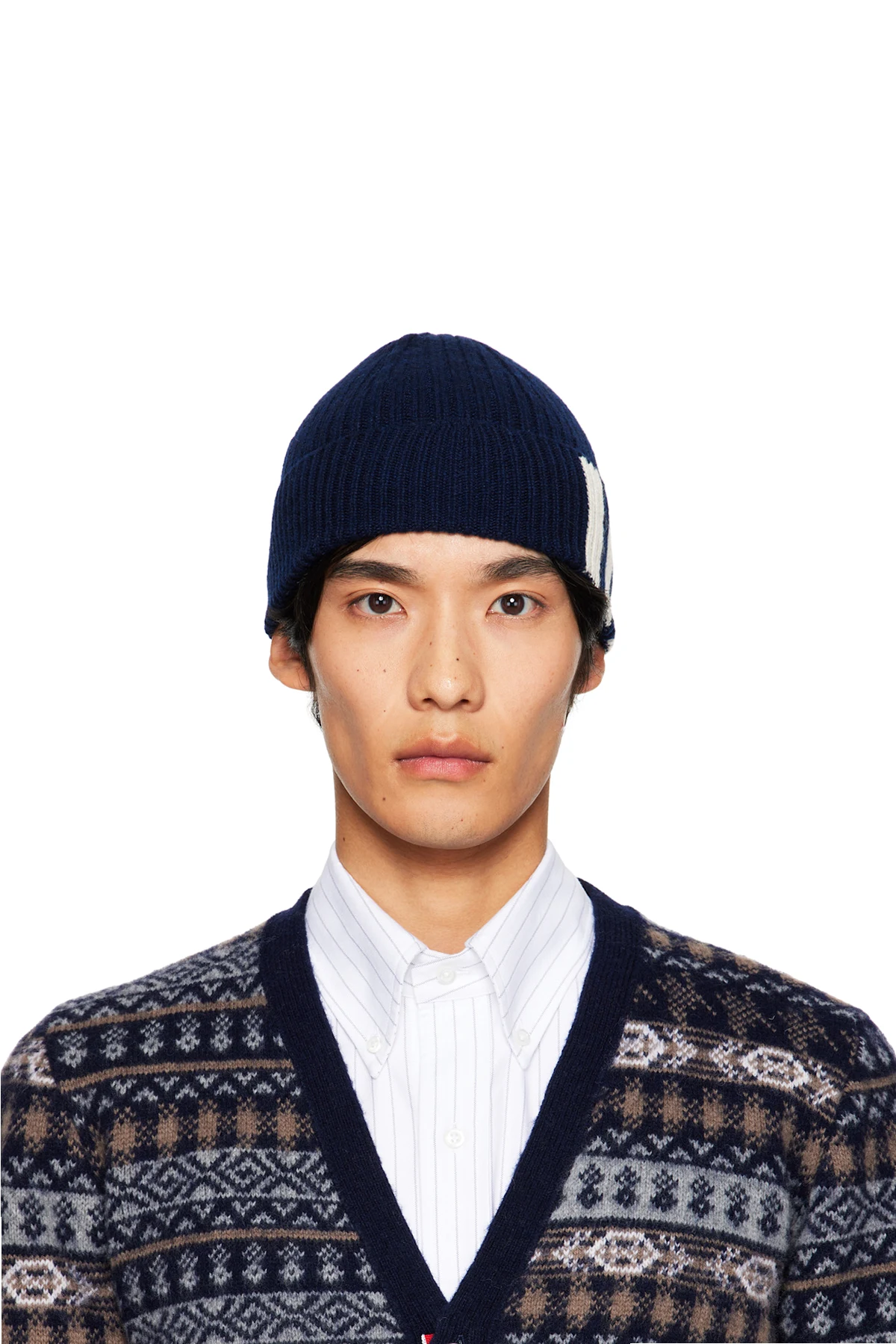 Navy Cashmere 4-Bar Cuff Beanie