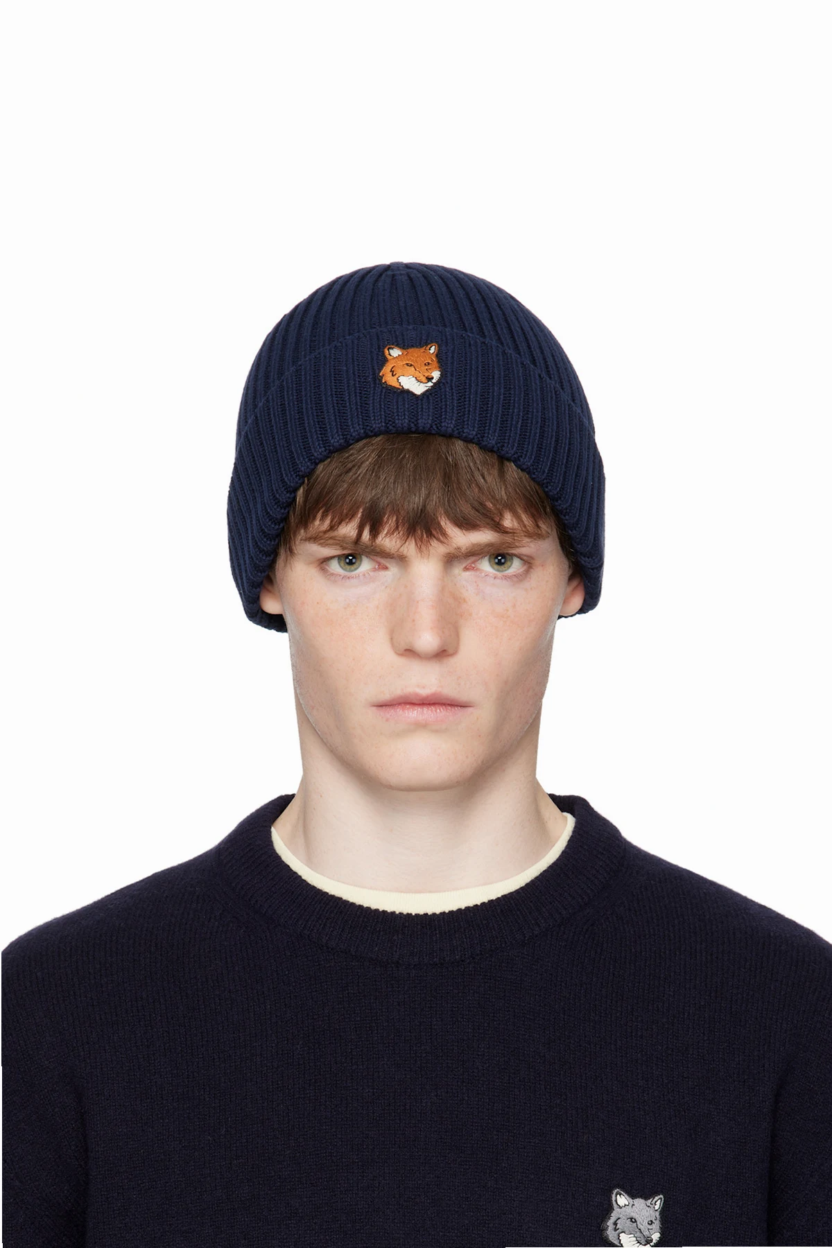 Navy Natural Fox Head Beanie