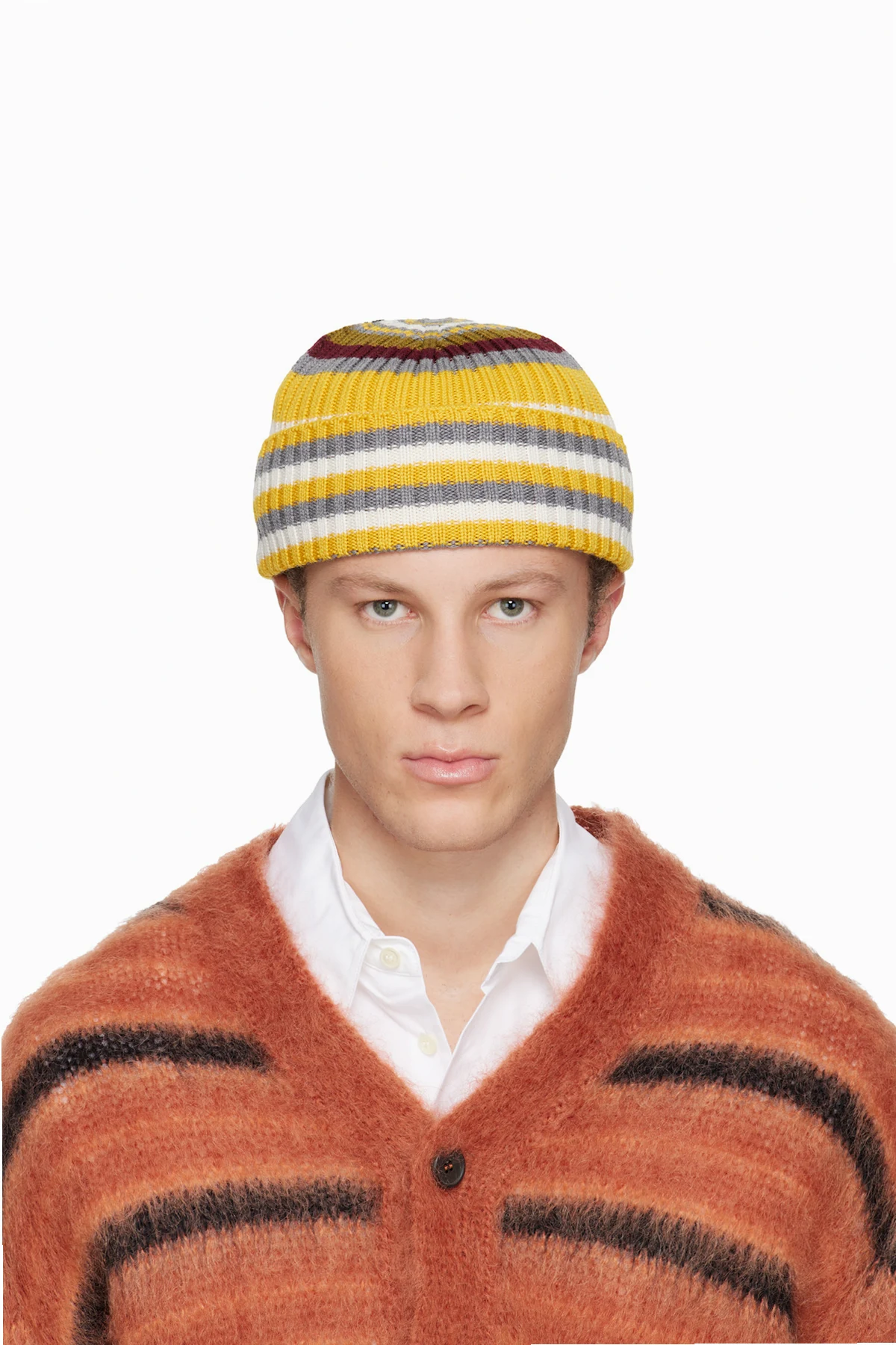 Yellow & Gray Striped Ribbed Beanie