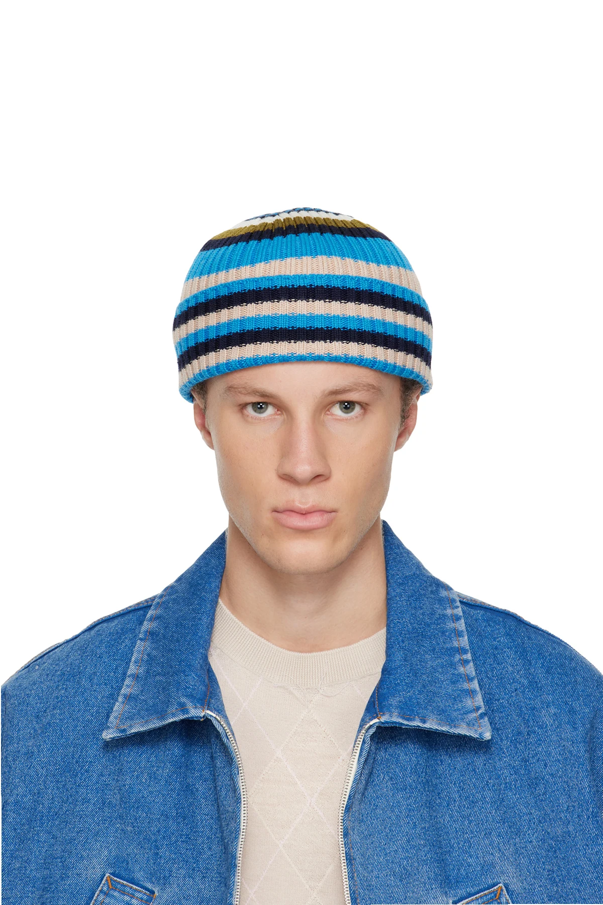 Blue Striped Ribbed Beanie