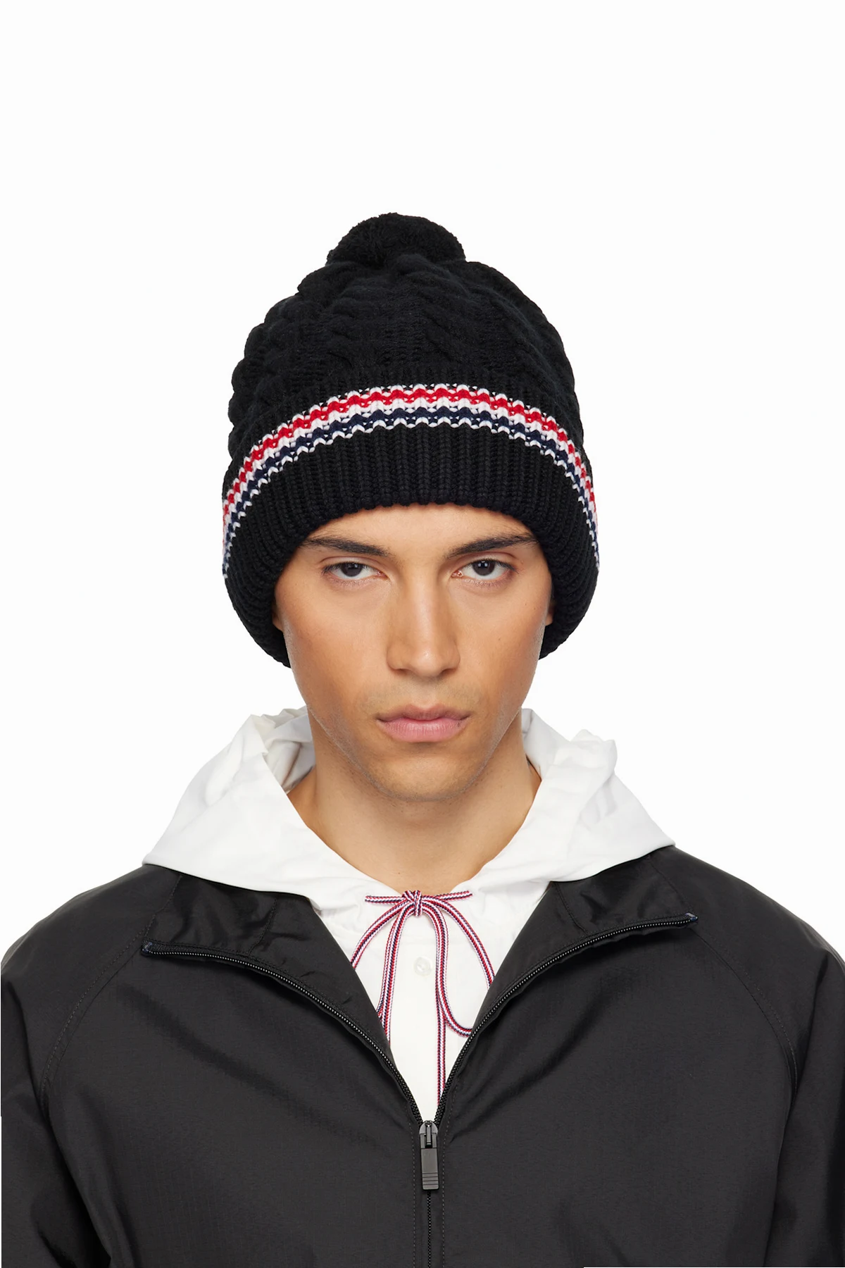 Black Cashmere Baby Cable Stitch Pom Pom Beanie
