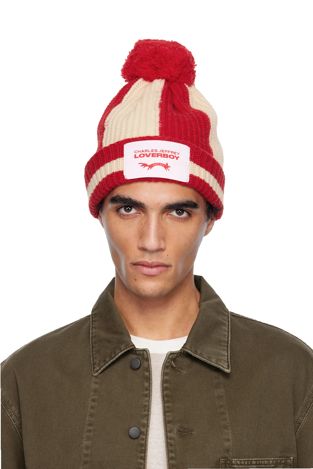 Red & Off-White Pompom Beanie