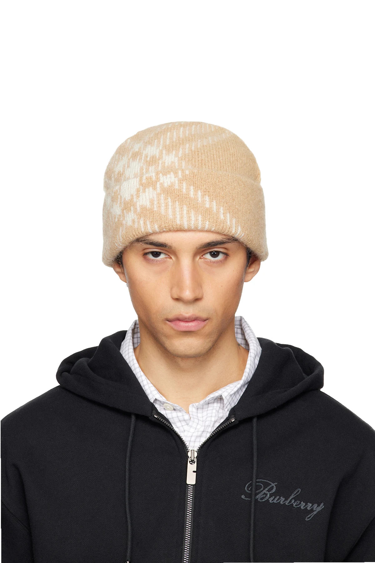 Beige Check Mohair Wool Blend Beanie