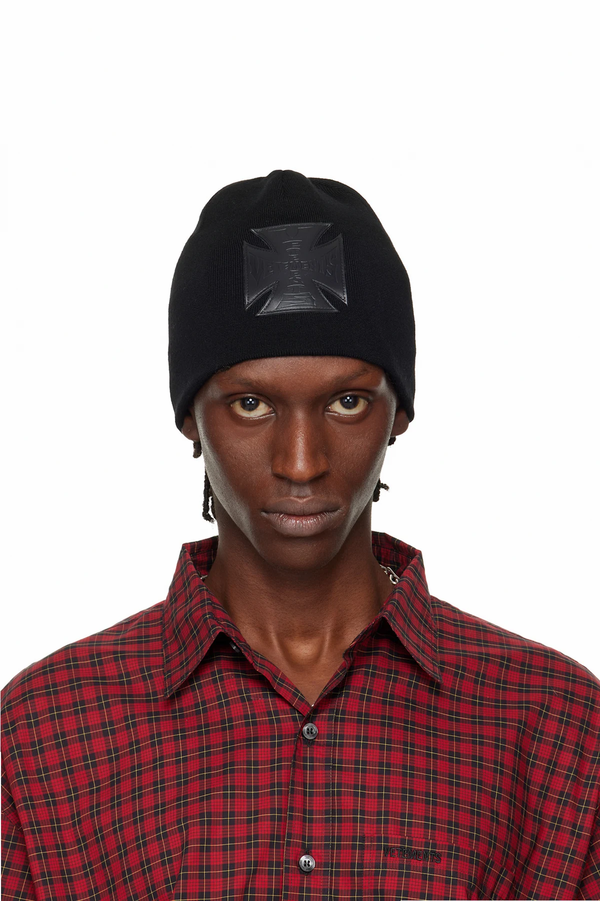 Black Leather Biker Cross Logo Beanie