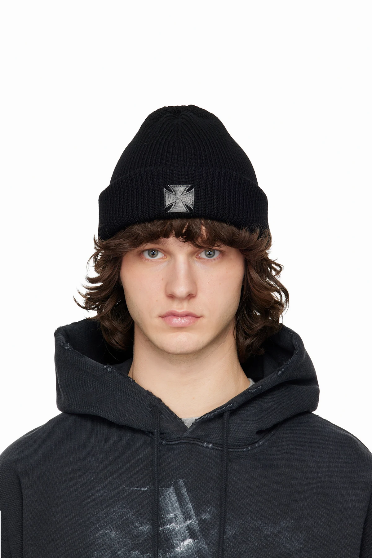 Black Leather Biker Cross Label Beanie