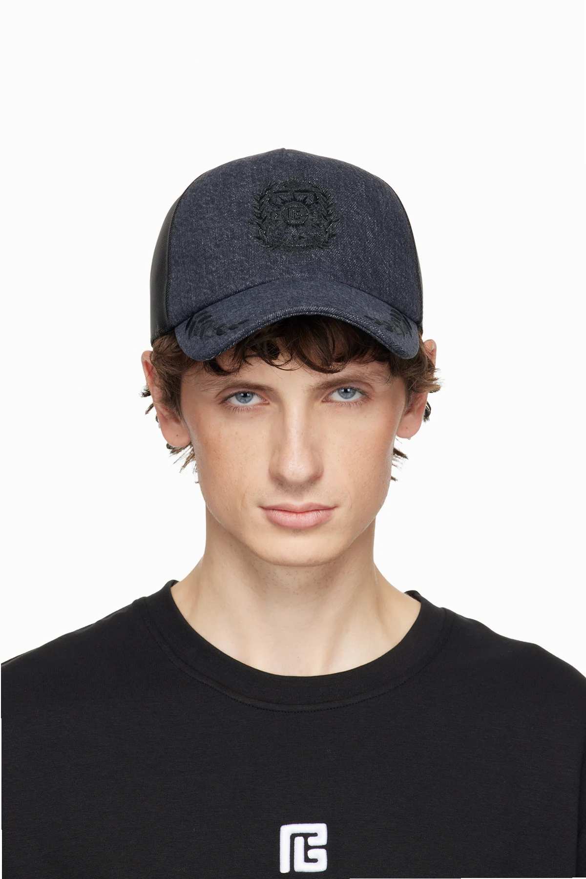 Gray Balmain Écusson Embroidered Denim Cap