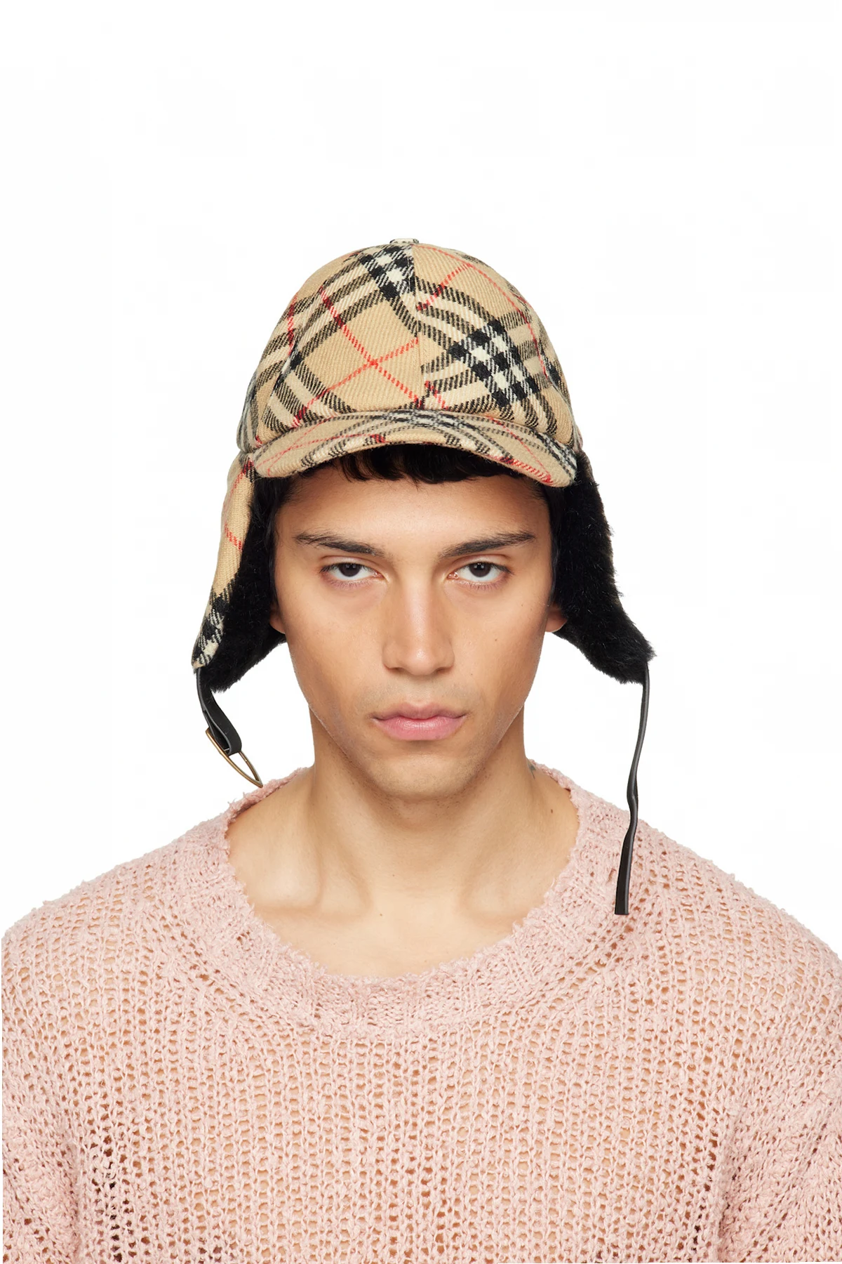 Beige Check Wool Trapper Cap