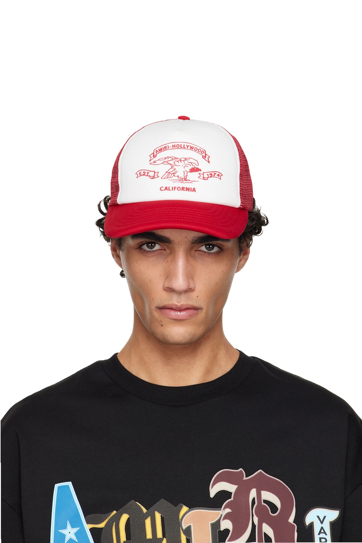 Red & White 'AMIRI' Eagle Trucker Cap
