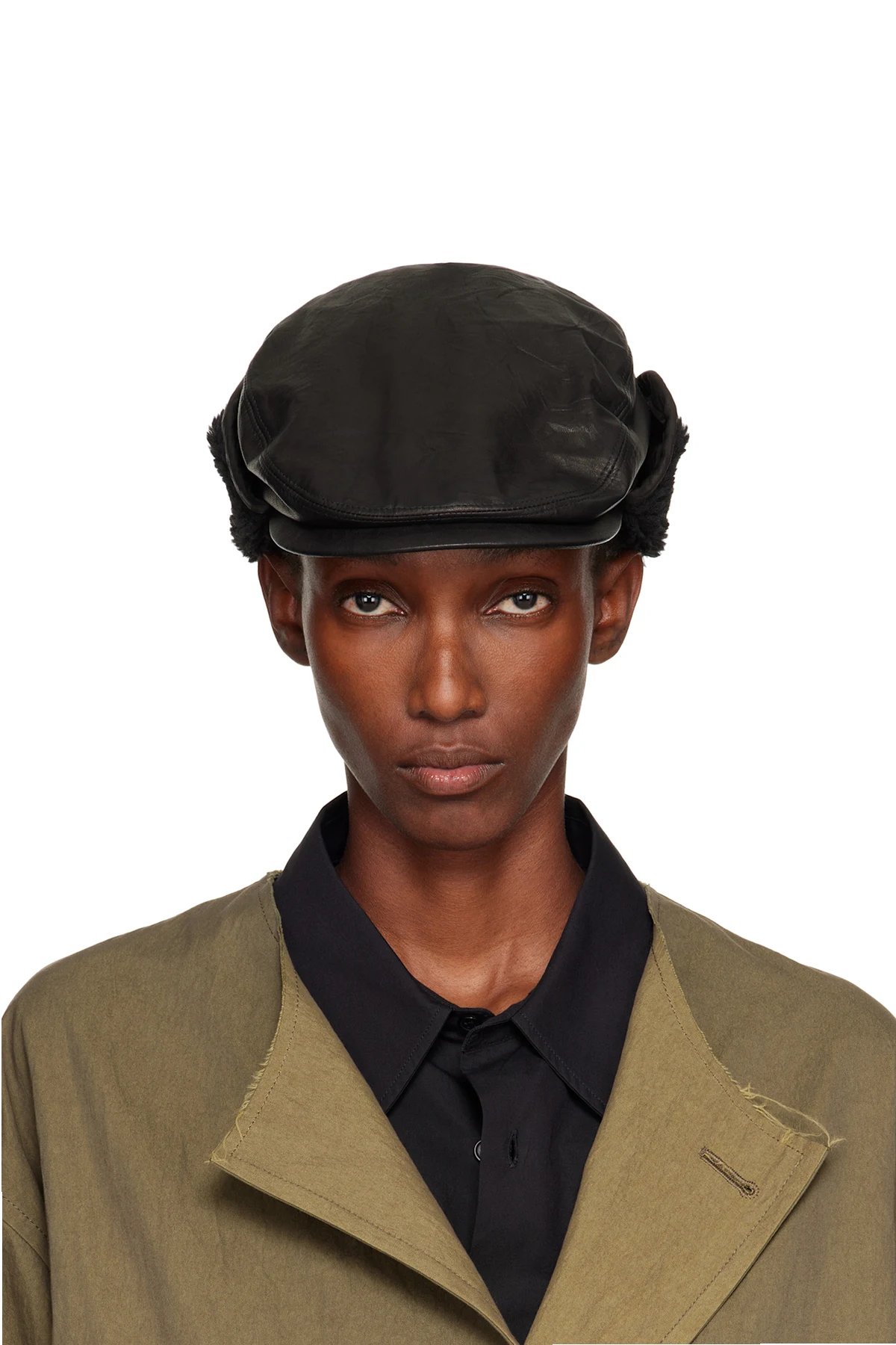 Black Soft Leather Ear Muff Cap
