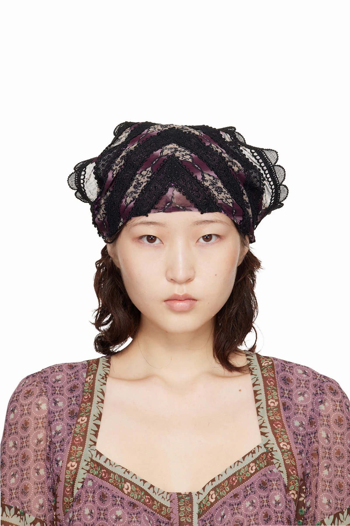 Black & Purple Cameo Stripe Print Headscarf