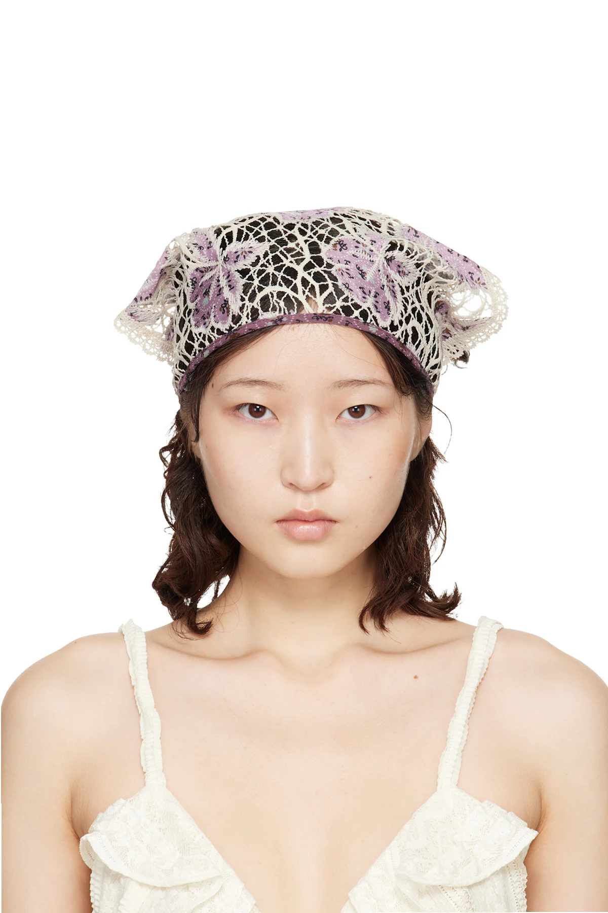 Purple & Off-White Medallion Floral Lace Headscarf