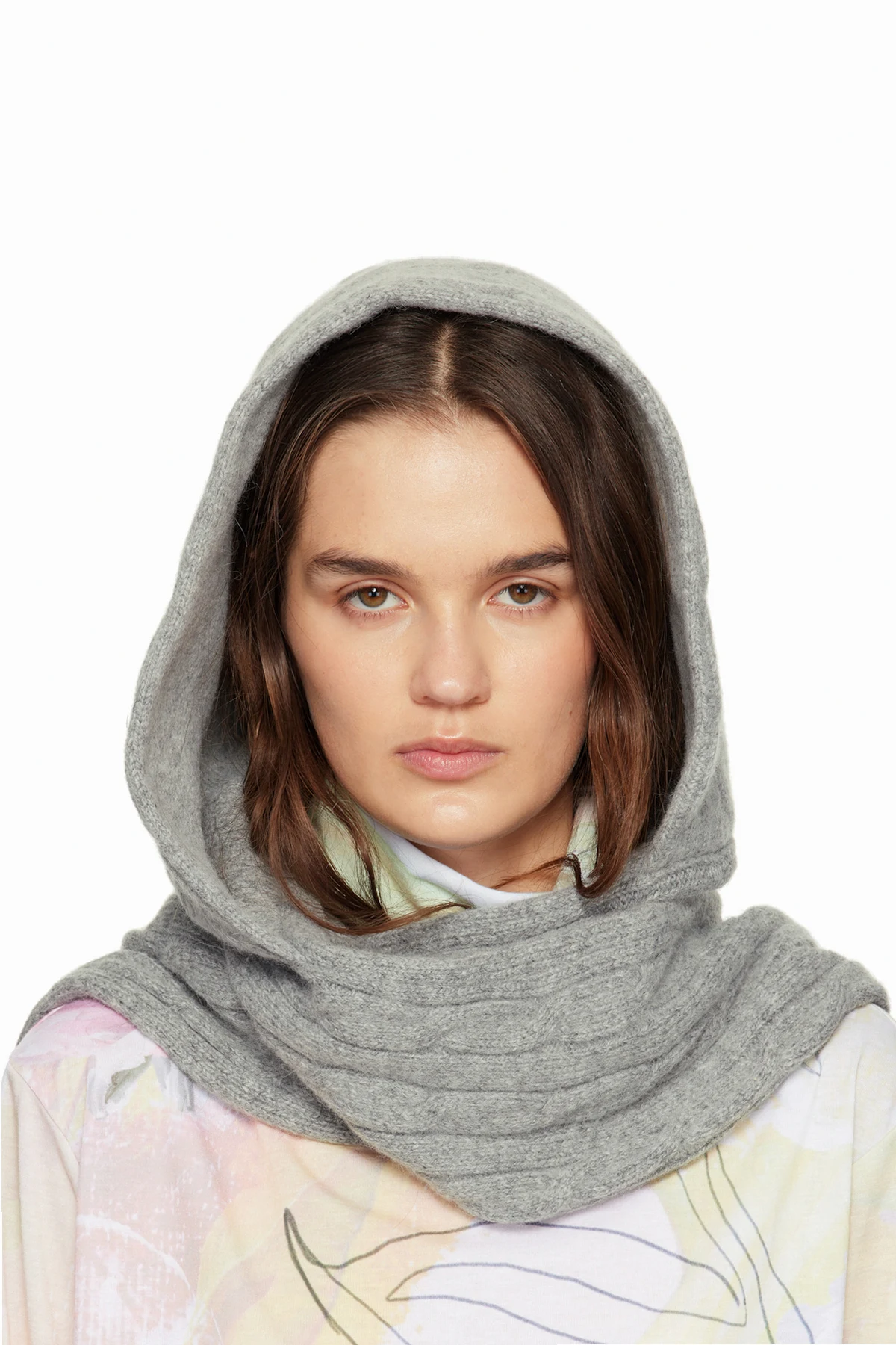 Gray Convertible Cable Knit Hooded Scarf