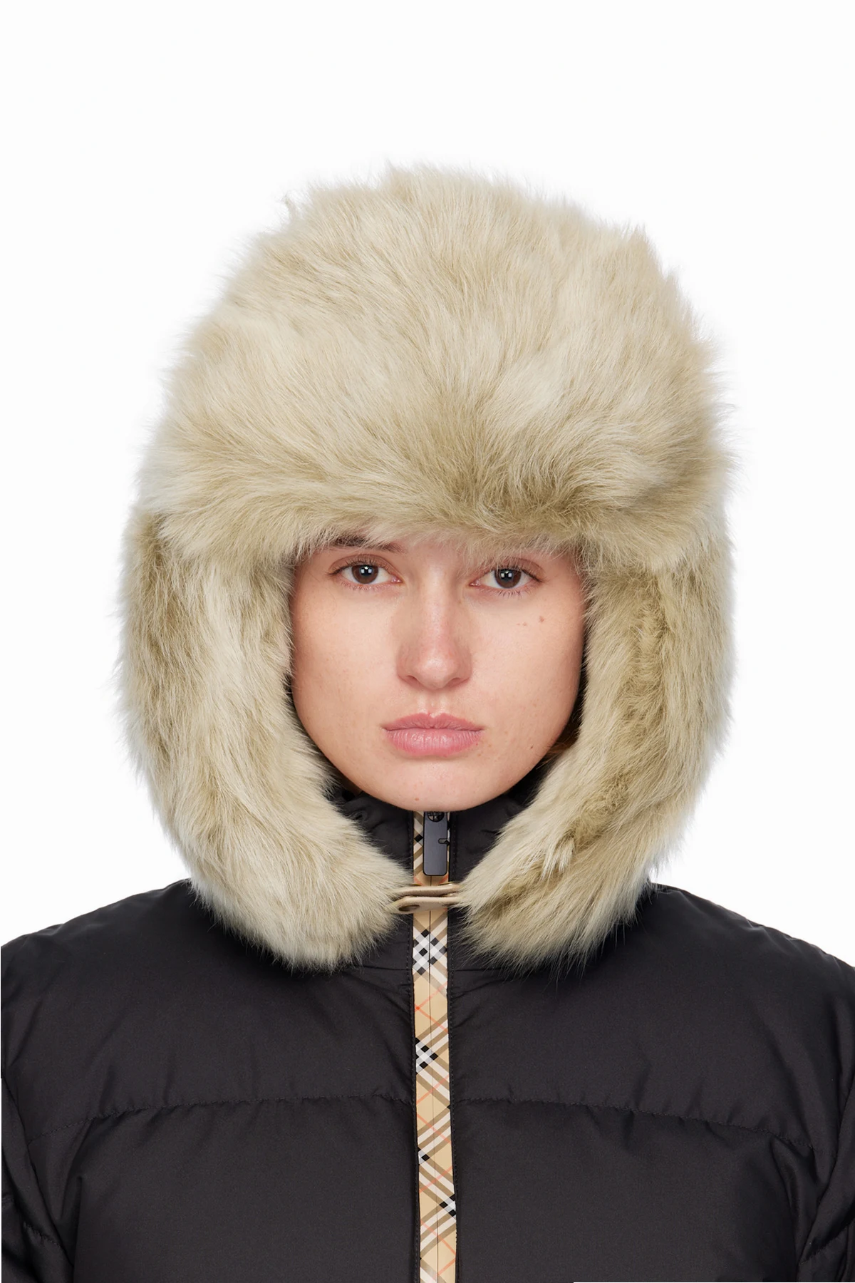 Beige Shearling Trapper Hat