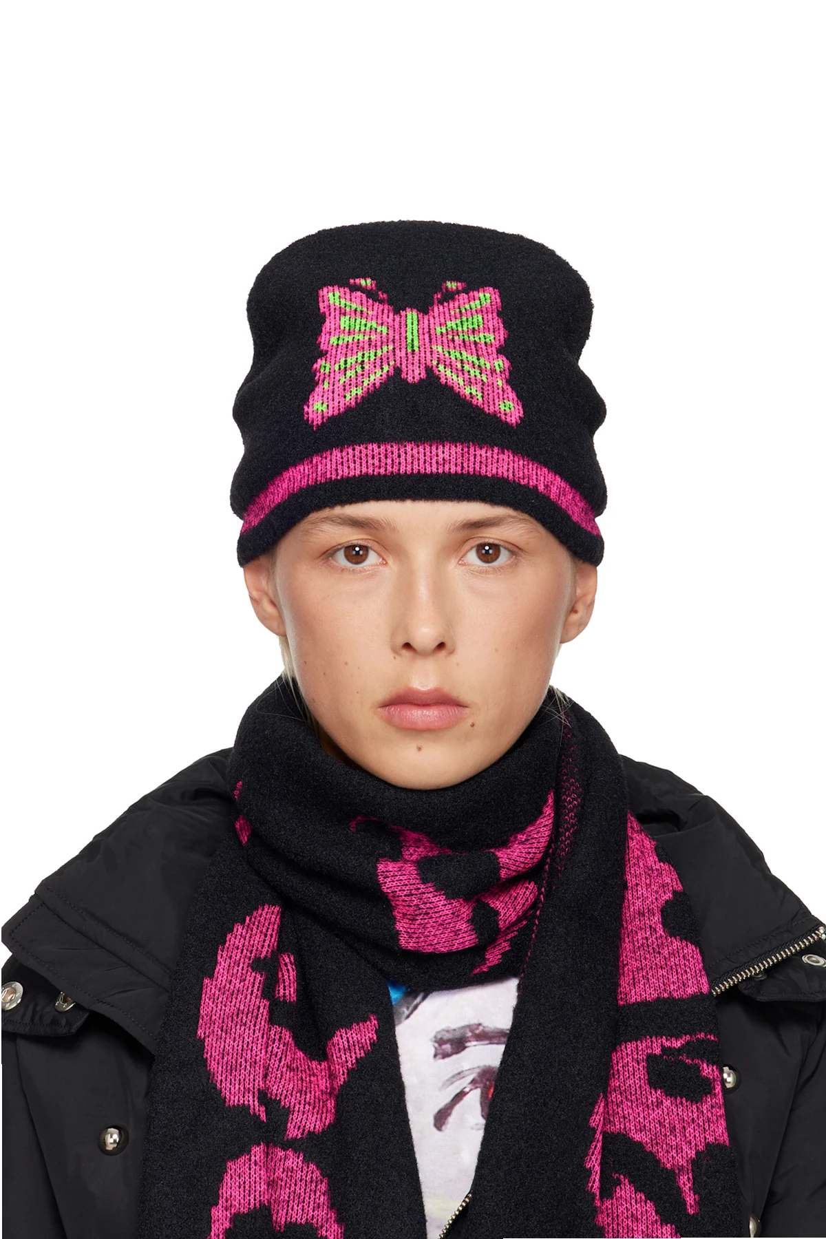 Black & Pink Cyber Butterfly Beanie