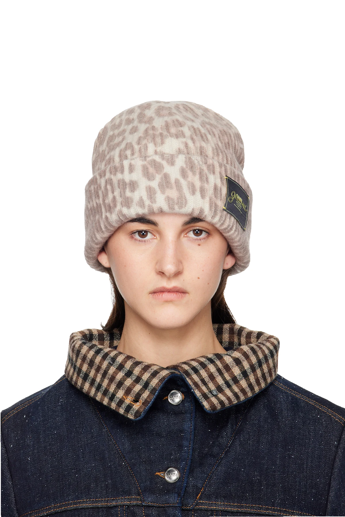 Beige Oversized Wool Rib Knit Beanie