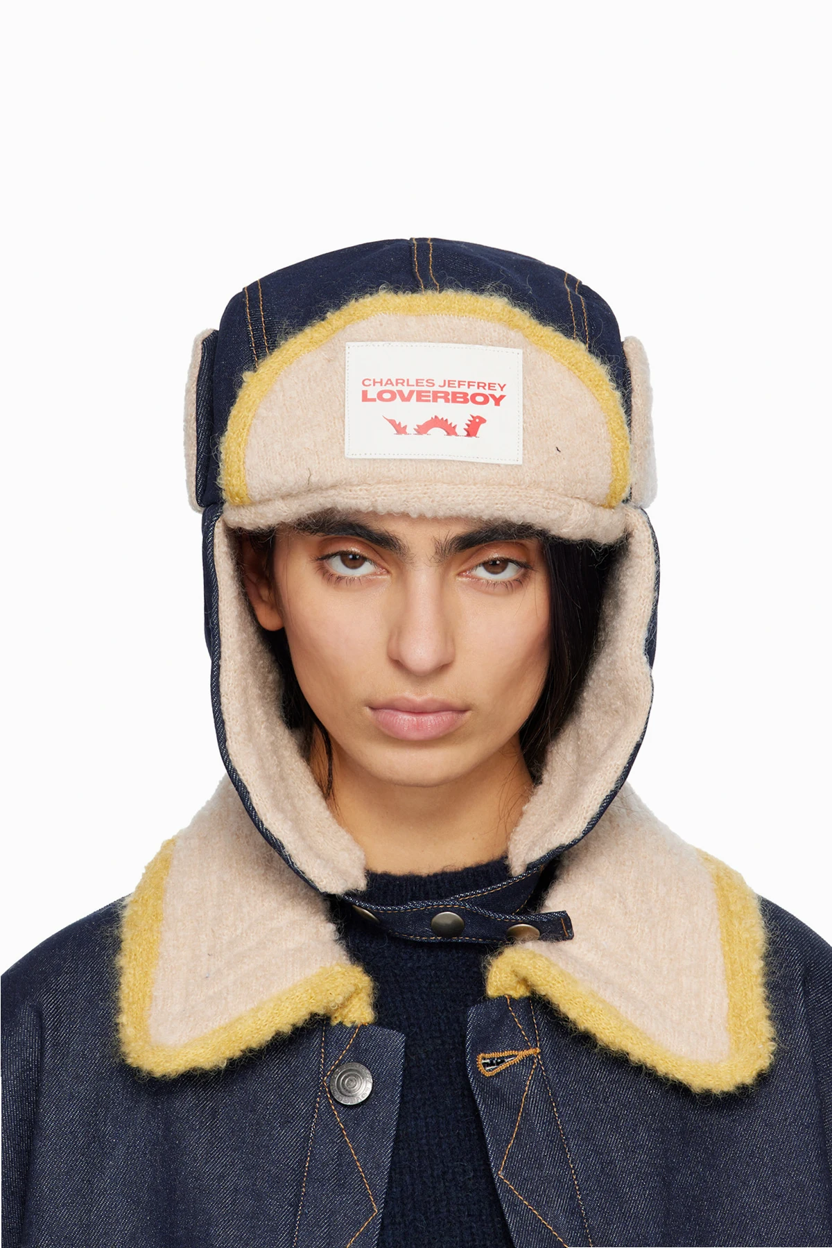 Navy & Beige Knit Patch Trapper Hat