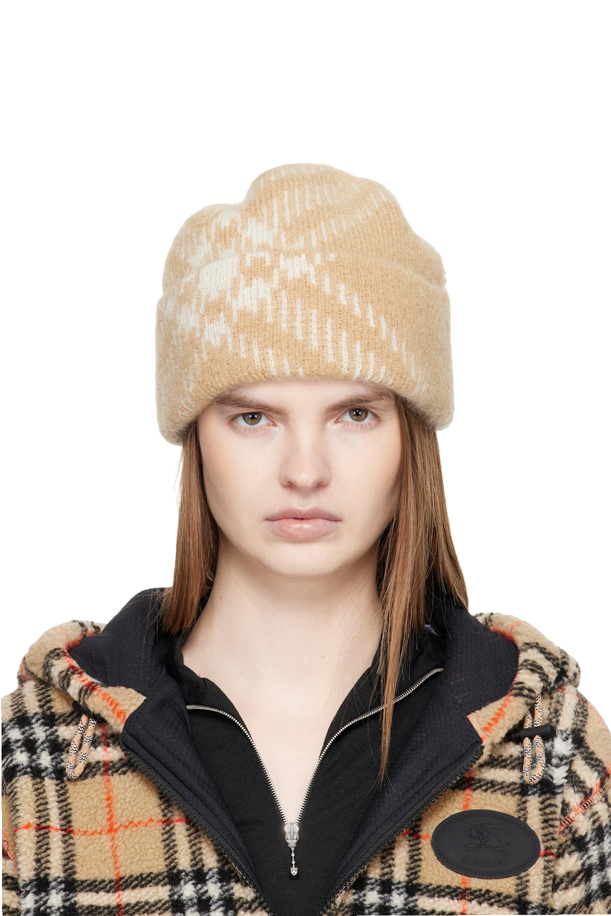 Beige Check Mohair Wool Blend Beanie