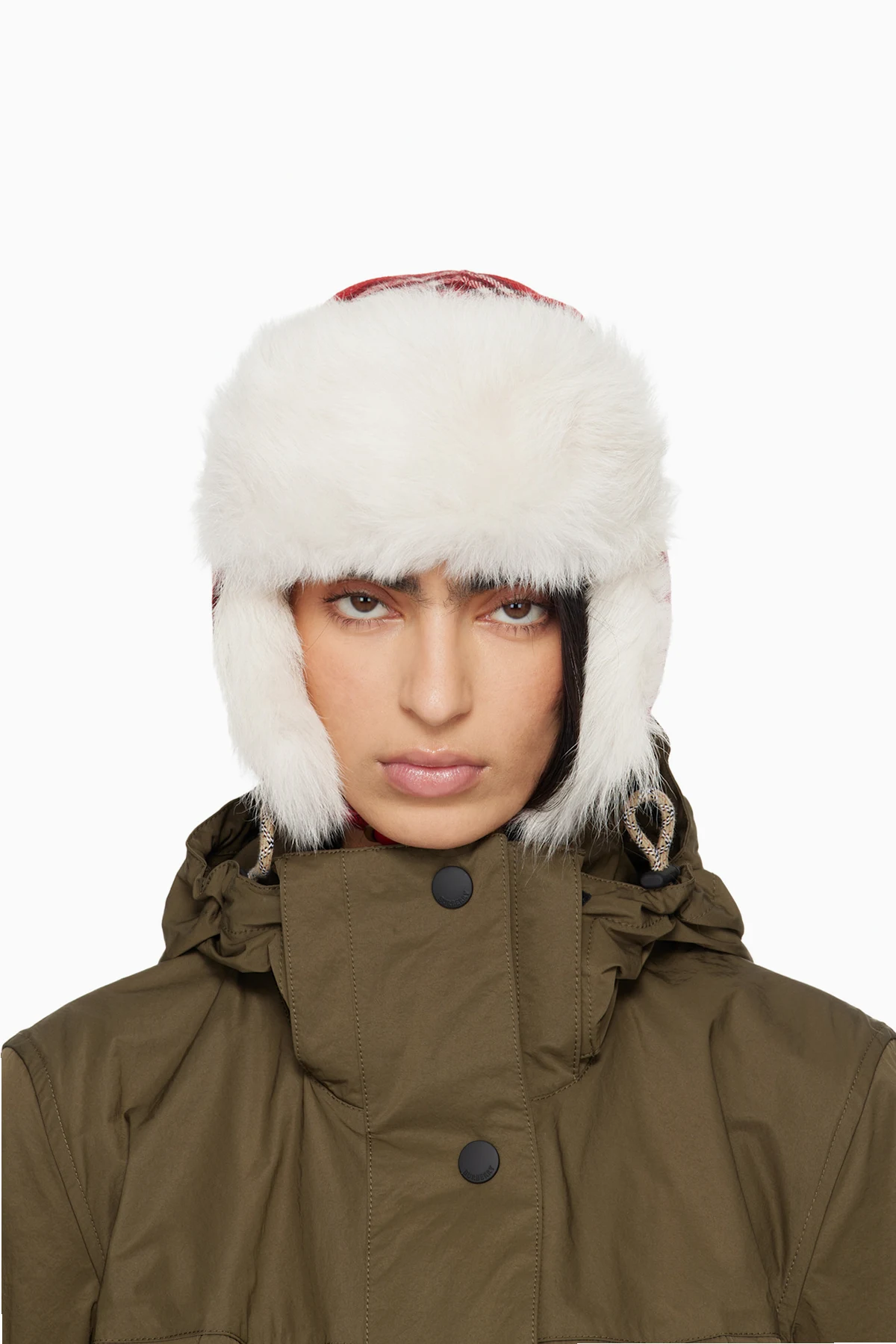 Red & Off-White Check Wool Trapper Hat