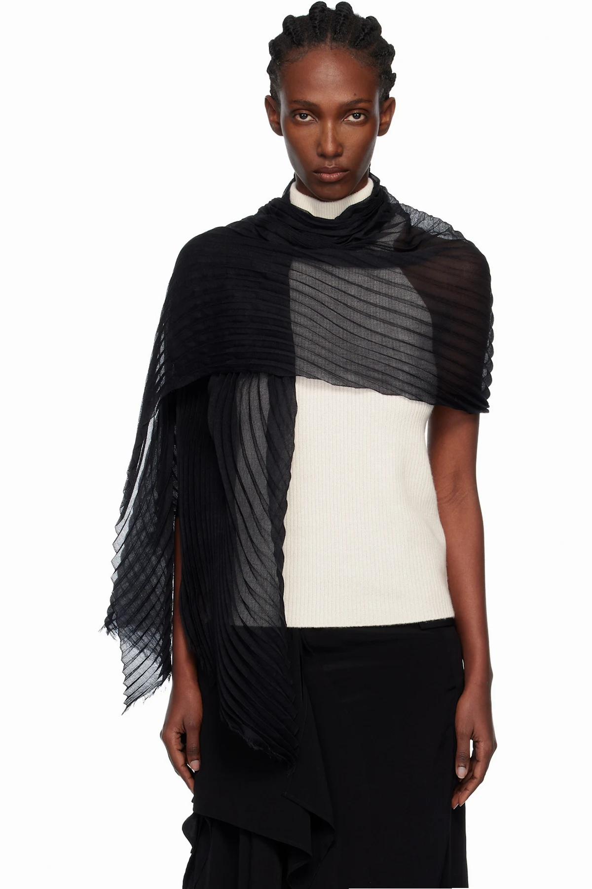 Black Silk Wool Pleats Stole Scarf
