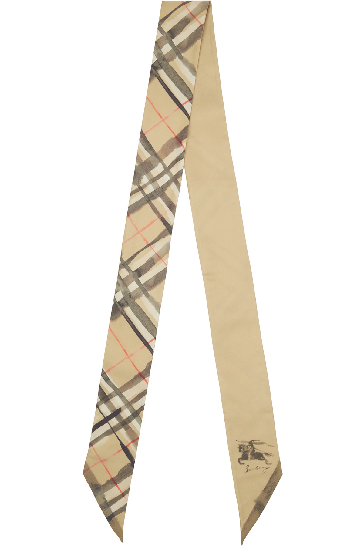 Beige Skinny Watercolour Check Silk Scarf