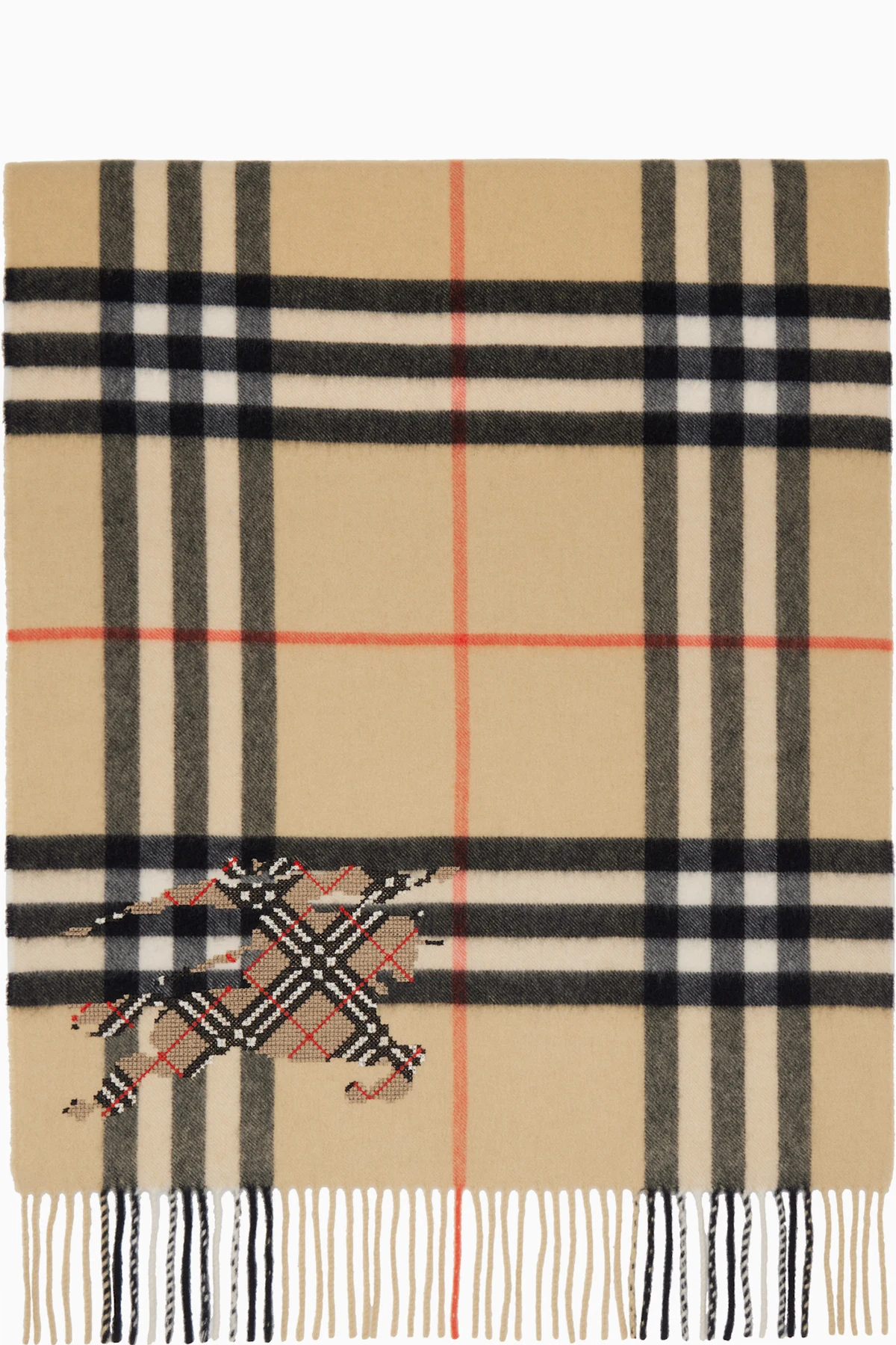 Beige Wide Cross Stitch EKD Check Cashmere Scarf