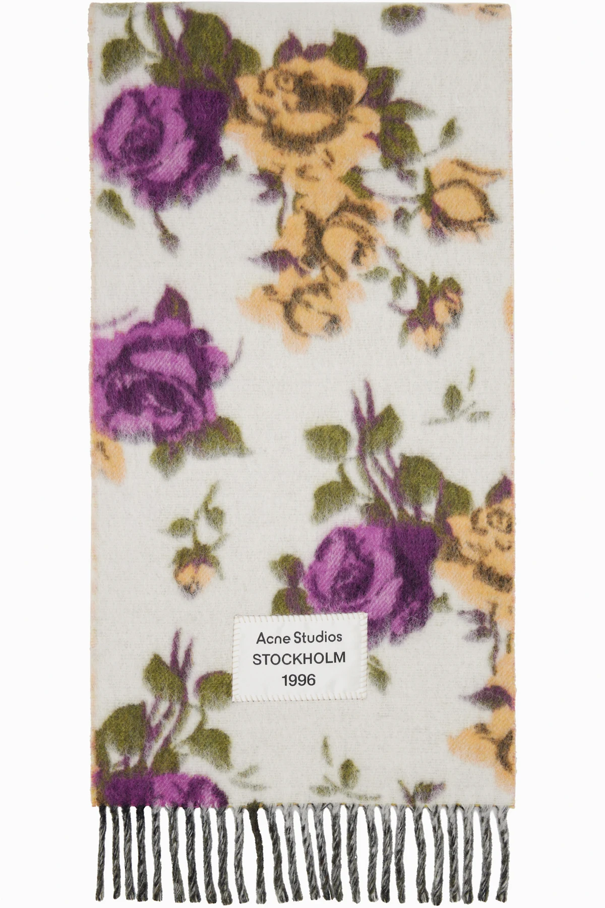 White & Purple Fringed Wool Scarf