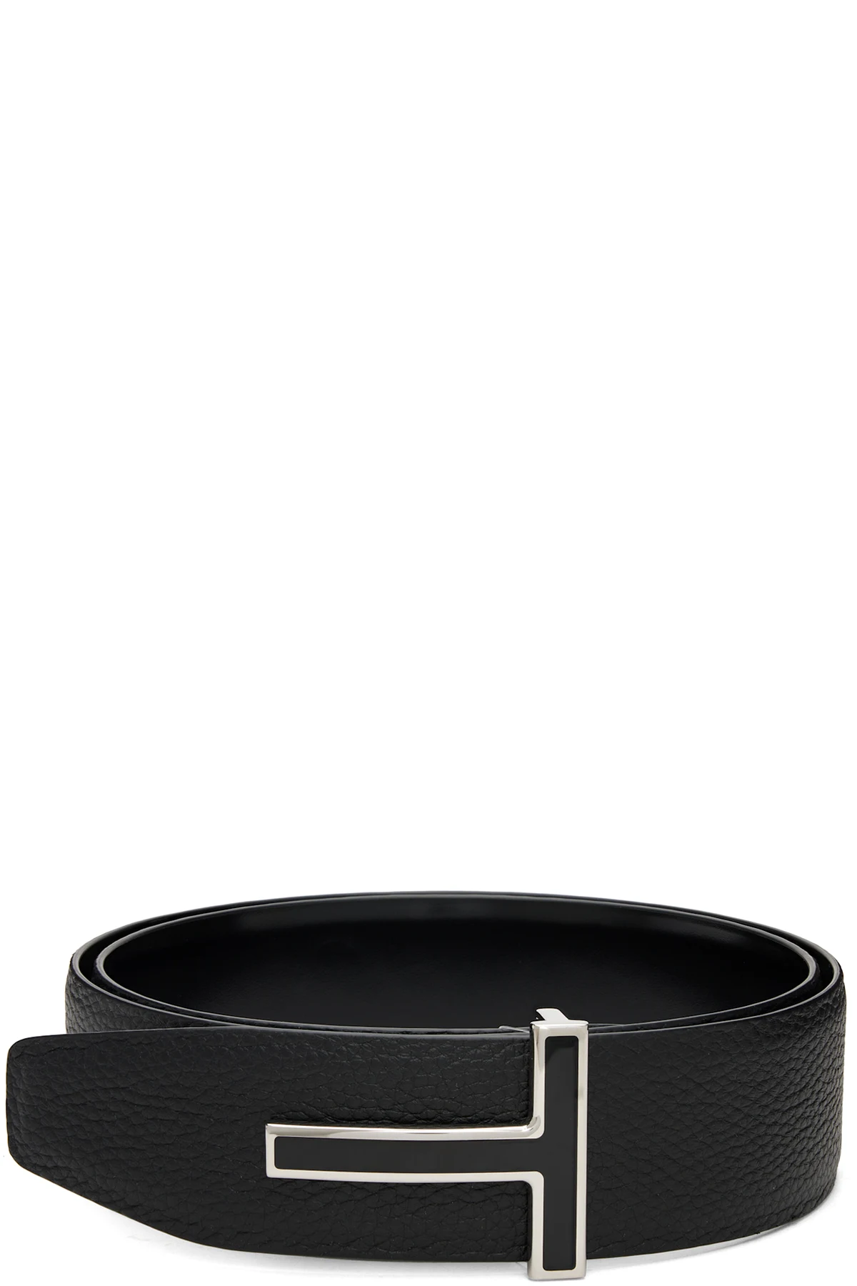 Black Leather Enamel Buckle T Reversible Belt