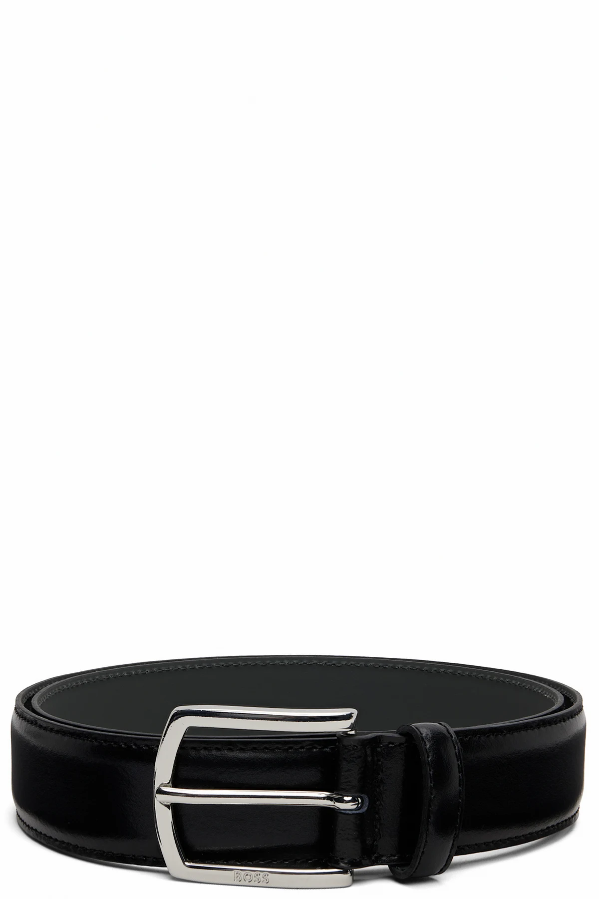 Black Polished Logo Buckle Leather Belt