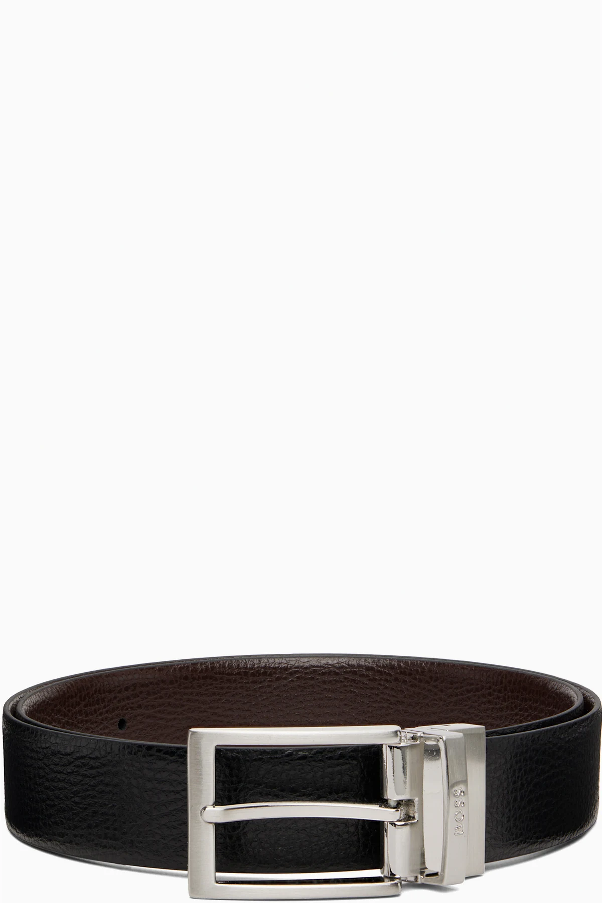 Black Grained Italian Leather Logo Keeper Reversible Belt